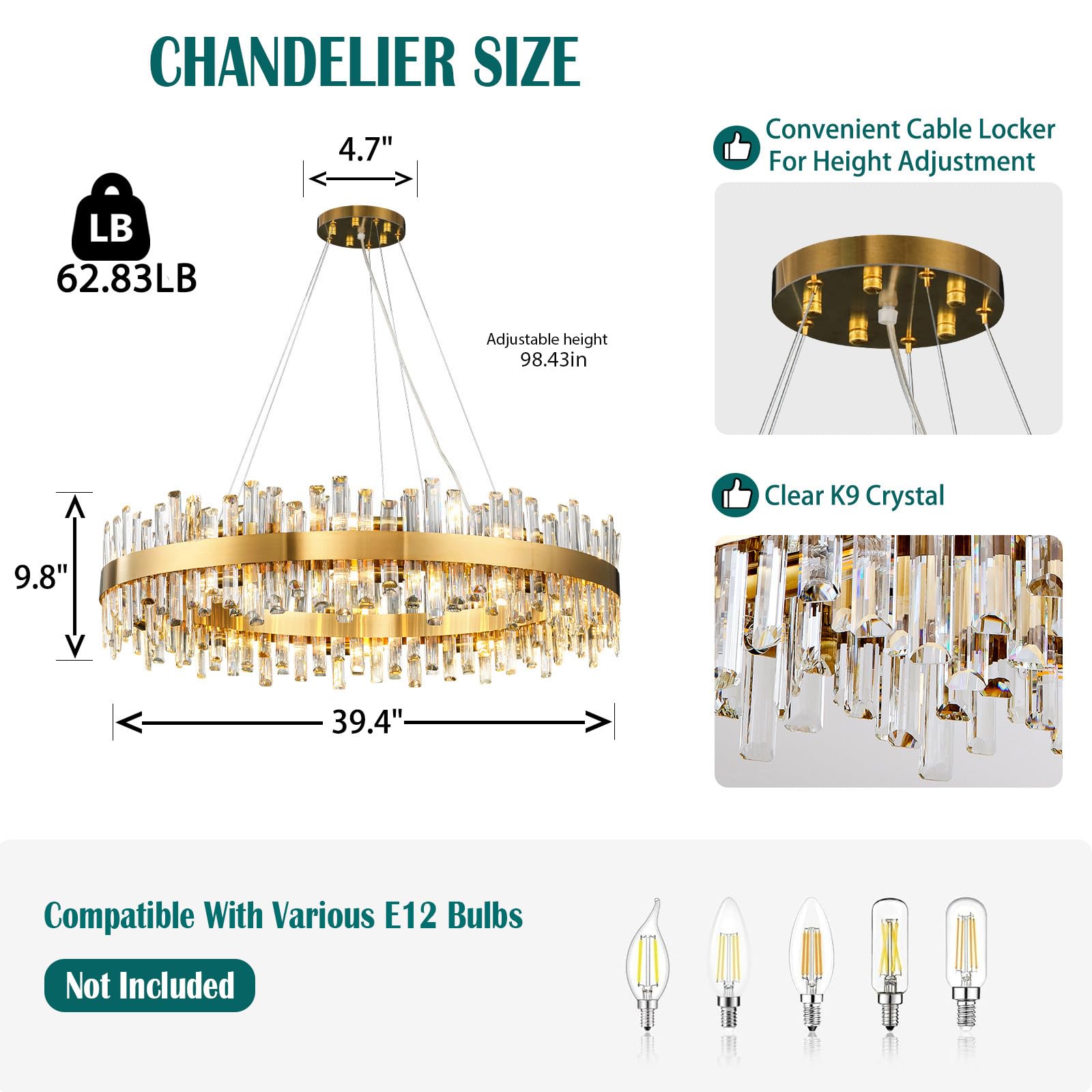 Chandelier for Dining Room, D39.4 Gold K9 Crystal Pendant Light, 20 - Light Round Over Table, Hanging Ceiling Light Fixture for Kitchen Island, Entryway, Foyer - Camilalamps - B0DMFF1692