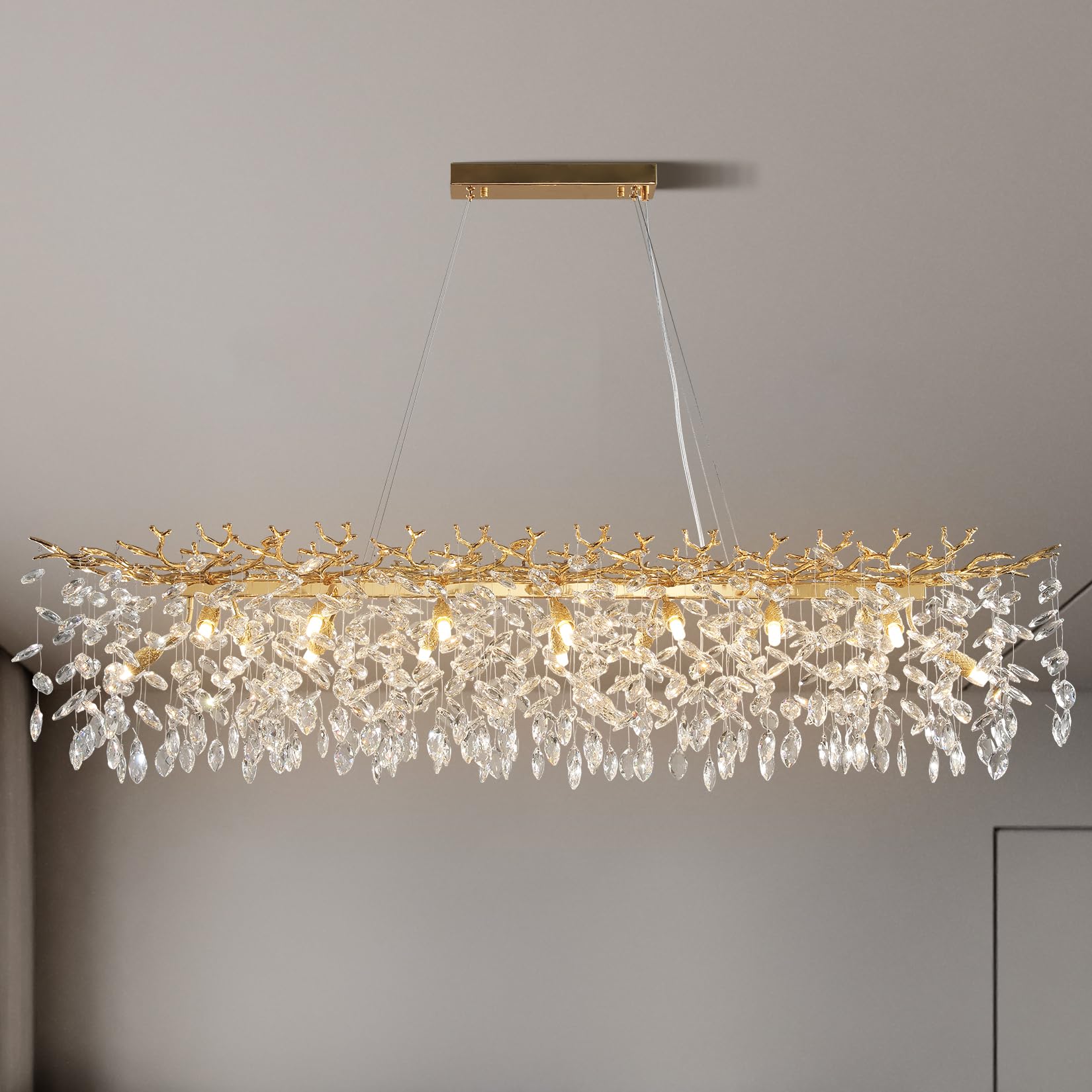 Crystal Chandeliers for Dining Room, 63" Modern Gold Tree Branch Chandelier, 15 - Lights Luxury Rectangular Raindrop Chandelier Light Fixture for Kitchen Island, Living Room, Foyer, High Ceiling - Camilalamps - B0BXNB4WRN