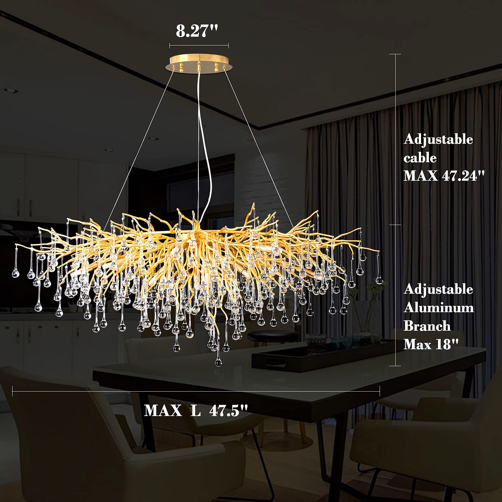 Crystal Chandeliers for Dining Room, 63" Modern Gold Tree Branch Chandelier, 15 - Lights Luxury Rectangular Raindrop Chandelier Light Fixture for Kitchen Island, Living Room, Foyer, High Ceiling - Camilalamps - B0BXNB4WRN