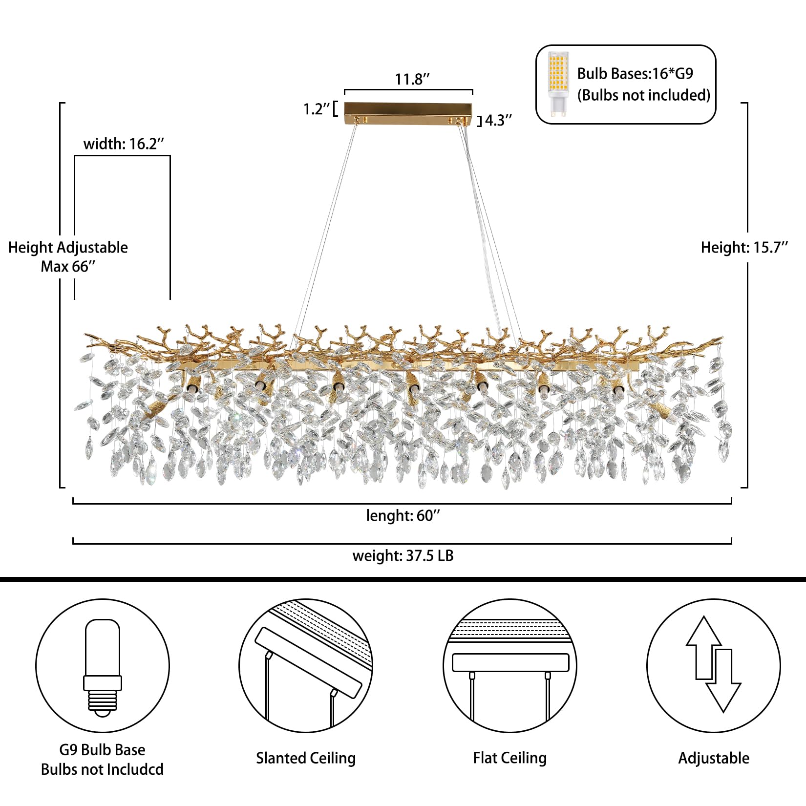 Crystal Chandeliers for Dining Room, 63" Modern Gold Tree Branch Chandelier, 15 - Lights Luxury Rectangular Raindrop Chandelier Light Fixture for Kitchen Island, Living Room, Foyer, High Ceiling - Camilalamps - B0BXNB4WRN