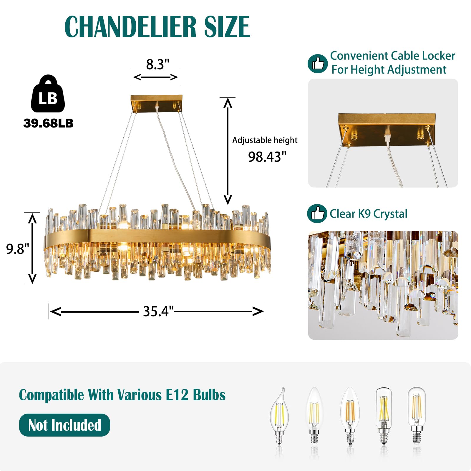 Chandelier for Dining Room, D39.4 Gold K9 Crystal Pendant Light, 20 - Light Round Over Table, Hanging Ceiling Light Fixture for Kitchen Island, Entryway, Foyer - Camilalamps - B0DMFF1692