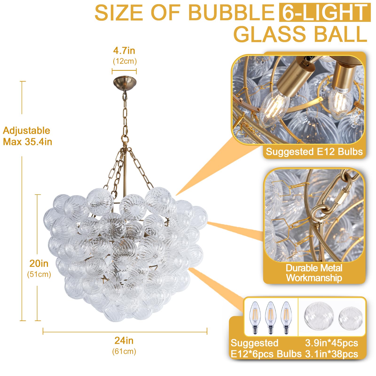 Gold Bubble Globe Chandelier, Modern Blown Glass Chandeliers with Ribbed Clear Balls, Small 24" Dia Antique Style Pendant Ceiling Light for Dining Room, Entry, Bedroom - Camilalamps - B0FDQ34ZW3