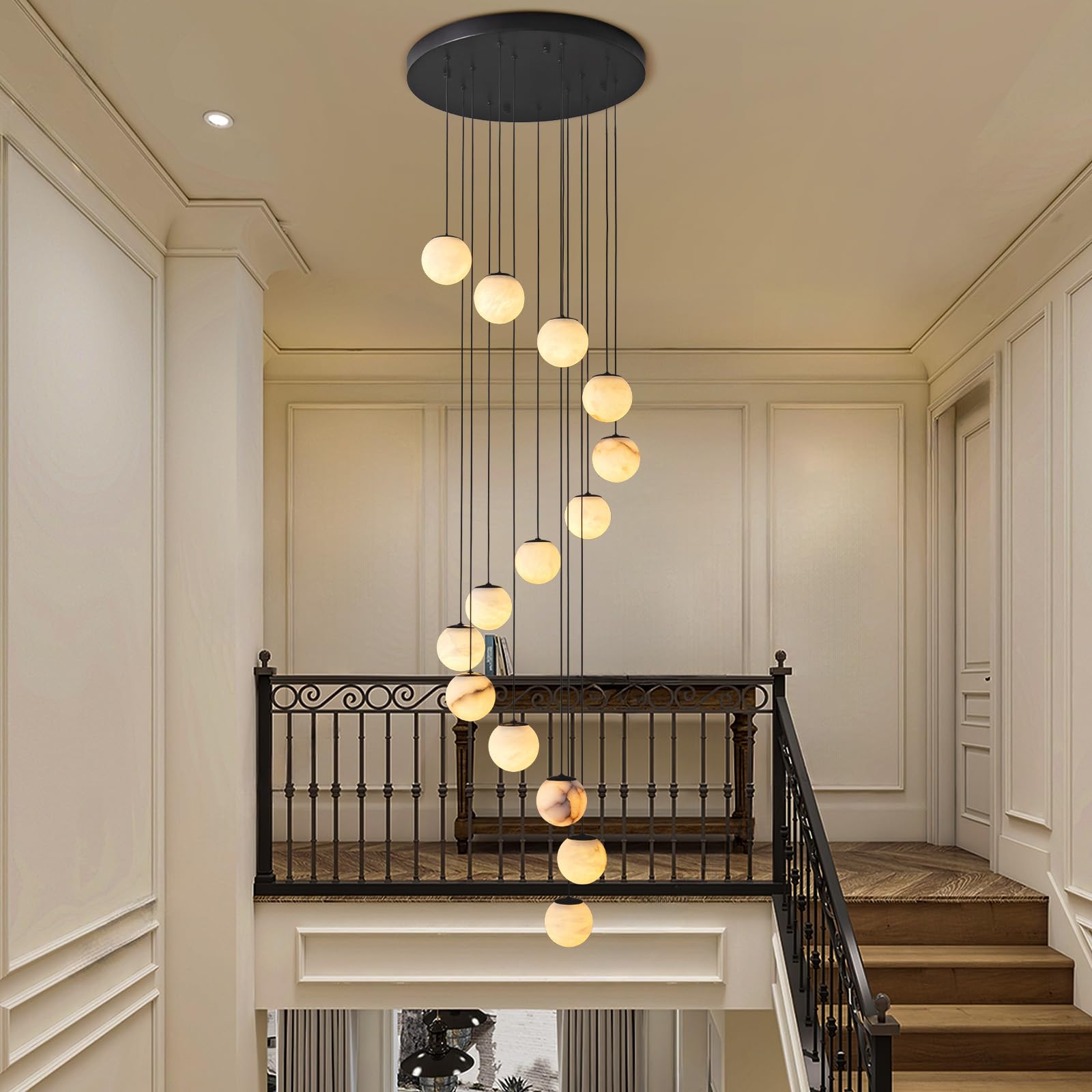 Black Alabaster Chandelier,14 - Lights Staircase Chandelier for Entryway, Modern Marble Hanging Light Fixture, Hight Ceiling, Foyer, Living Room, Staircase, Entry - Camilalamps - B0DSZZ11GM