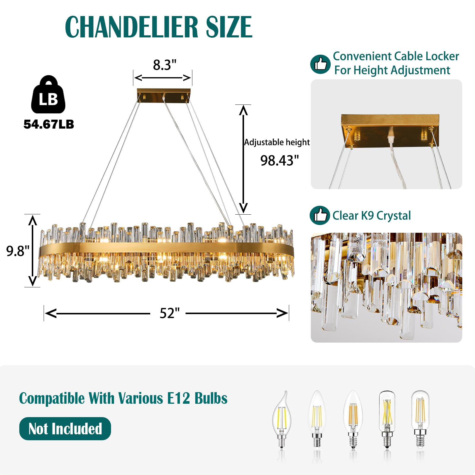 Chandelier for Dining Room, D39.4 Gold K9 Crystal Pendant Light, 20 - Light Round Over Table, Hanging Ceiling Light Fixture for Kitchen Island, Entryway, Foyer - Camilalamps - B0DMFF1692