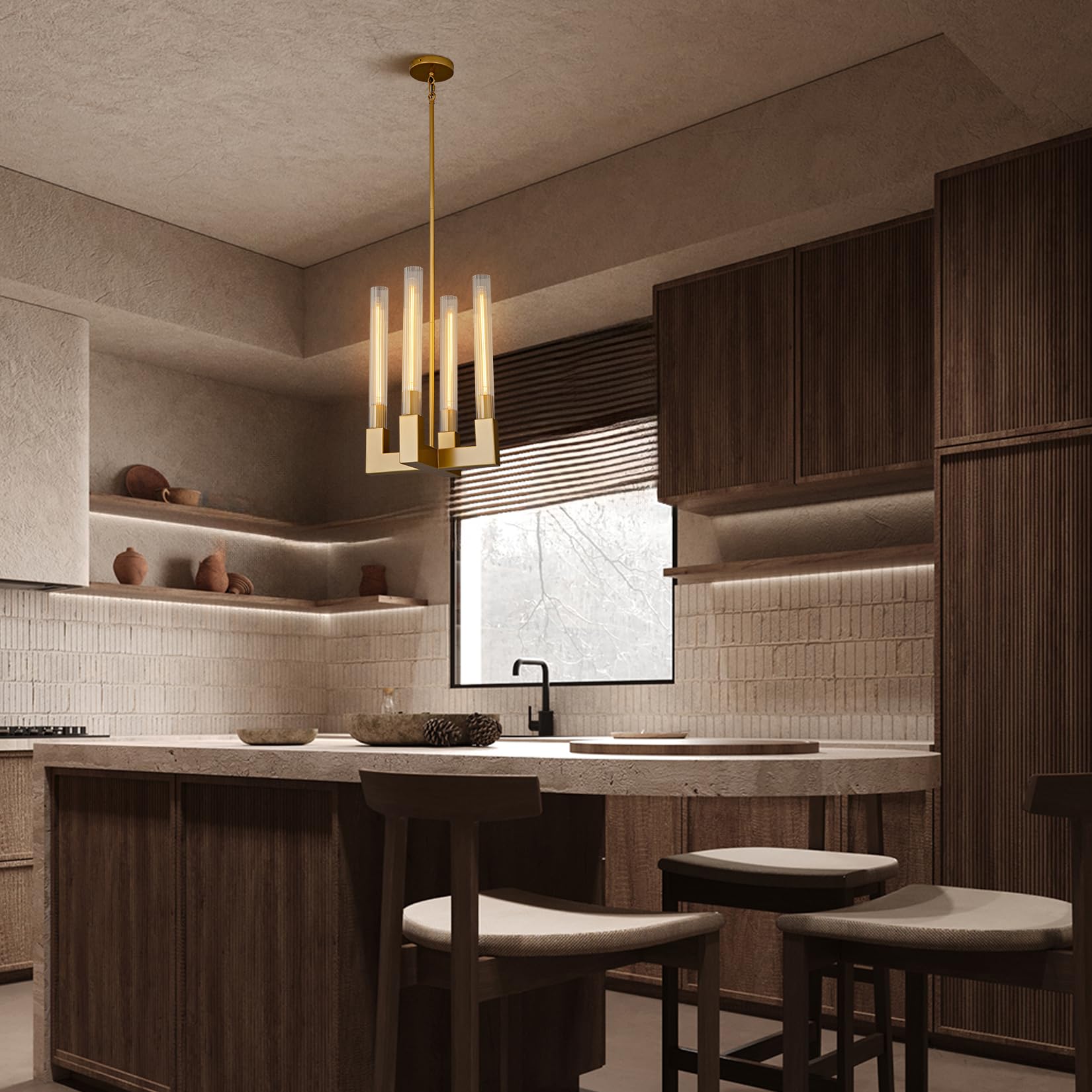 Modern Glass Tube Gold Pendant Lights – Adjustable 4 - Light Chandelier for Kitchen Island, Dining Room, Bedroom – Farmhouse & Contemporary Style with Included Bulbs - Camilalamps - B0F6YLDZVZ