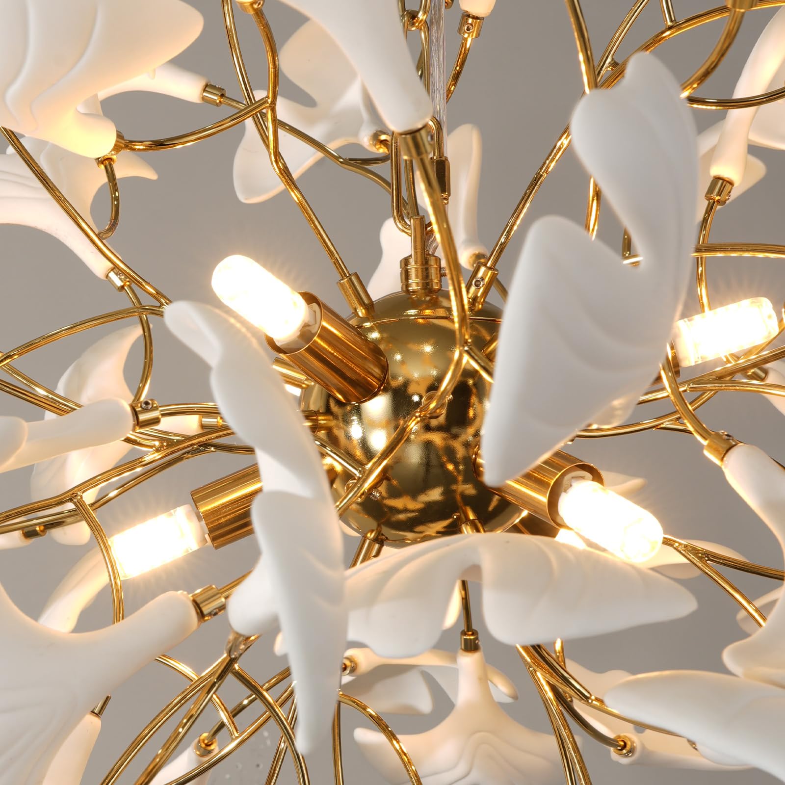 Gold Tree Branches Chandeliers for Dining Room, Sputnik Chandelier, 23.6''Modern Rounde Ceramic Ginkgo Leaf Chandelier, Dining Room Chandelier Over Table, for Living, Foyer, Kitchen, Bathroom, Bedroom - Camilalamps - B0FKB8Z415