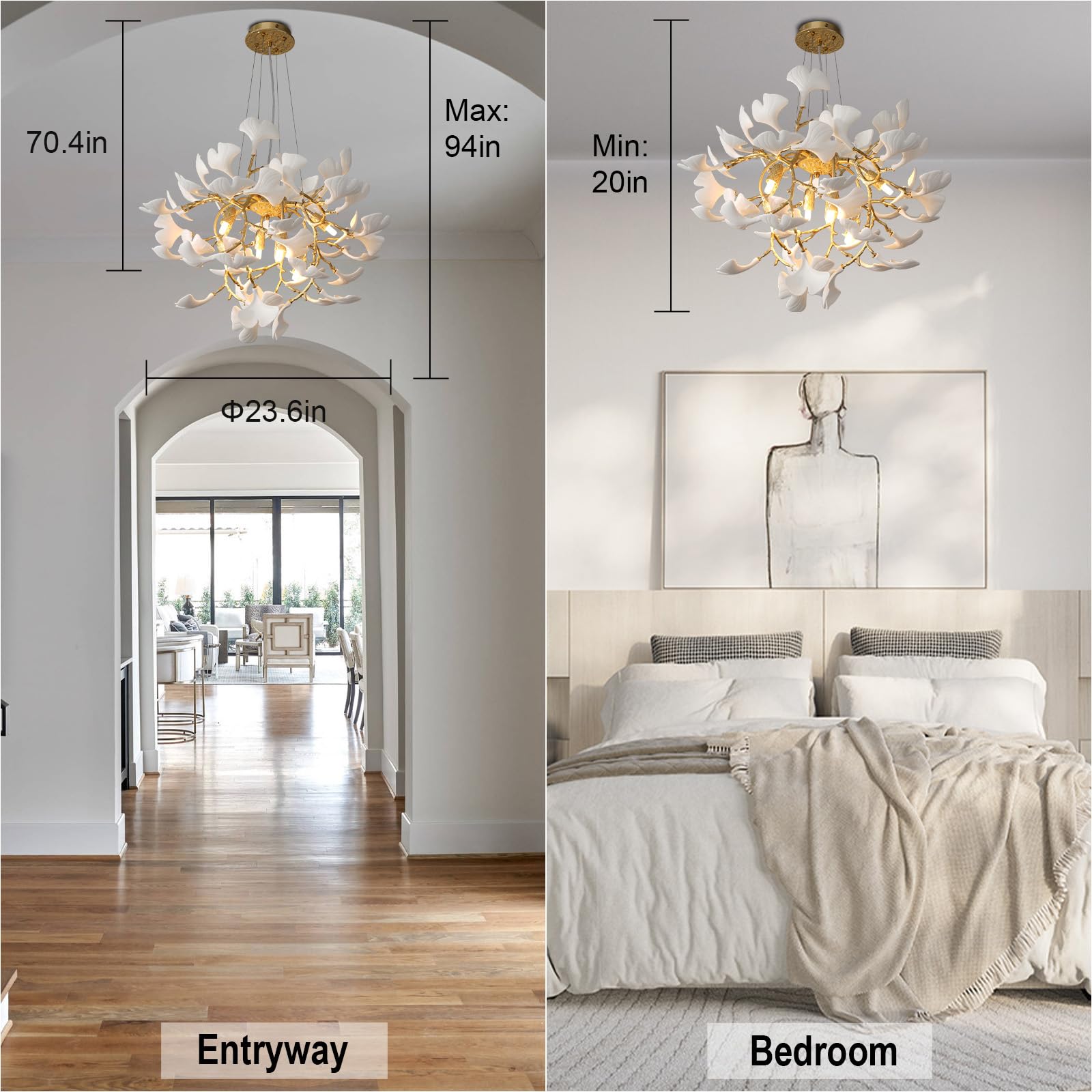 Gold Tree Branches Chandeliers for Dining Room, Sputnik Chandelier, 23.6''Modern Rounde Ceramic Ginkgo Leaf Chandelier, Dining Room Chandelier Over Table, for Living, Foyer, Kitchen, Bathroom, Bedroom - Camilalamps - B0FKB8Z415