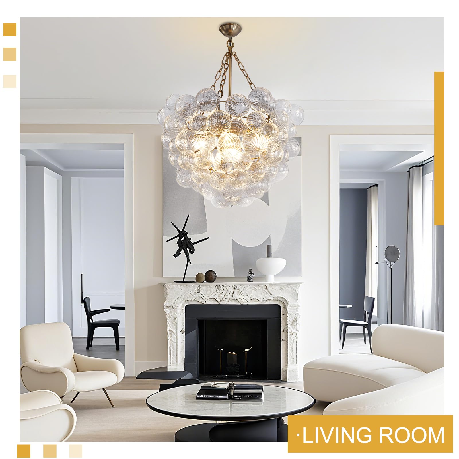 Gold Bubble Globe Chandelier, Modern Blown Glass Chandeliers with Ribbed Clear Balls, Small 24" Dia Antique Style Pendant Ceiling Light for Dining Room, Entry, Bedroom - Camilalamps - B0FDQ34ZW3