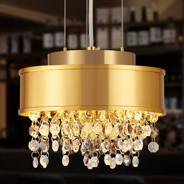 8-inch Mini Gold Crystal Chandeliers, Modern Semi Flush Mount Ceiling Light, Small 3-Light Drum Crystal Hanging Pendant Light Fixtures for Dining Room Entryway Kitchen Hallway