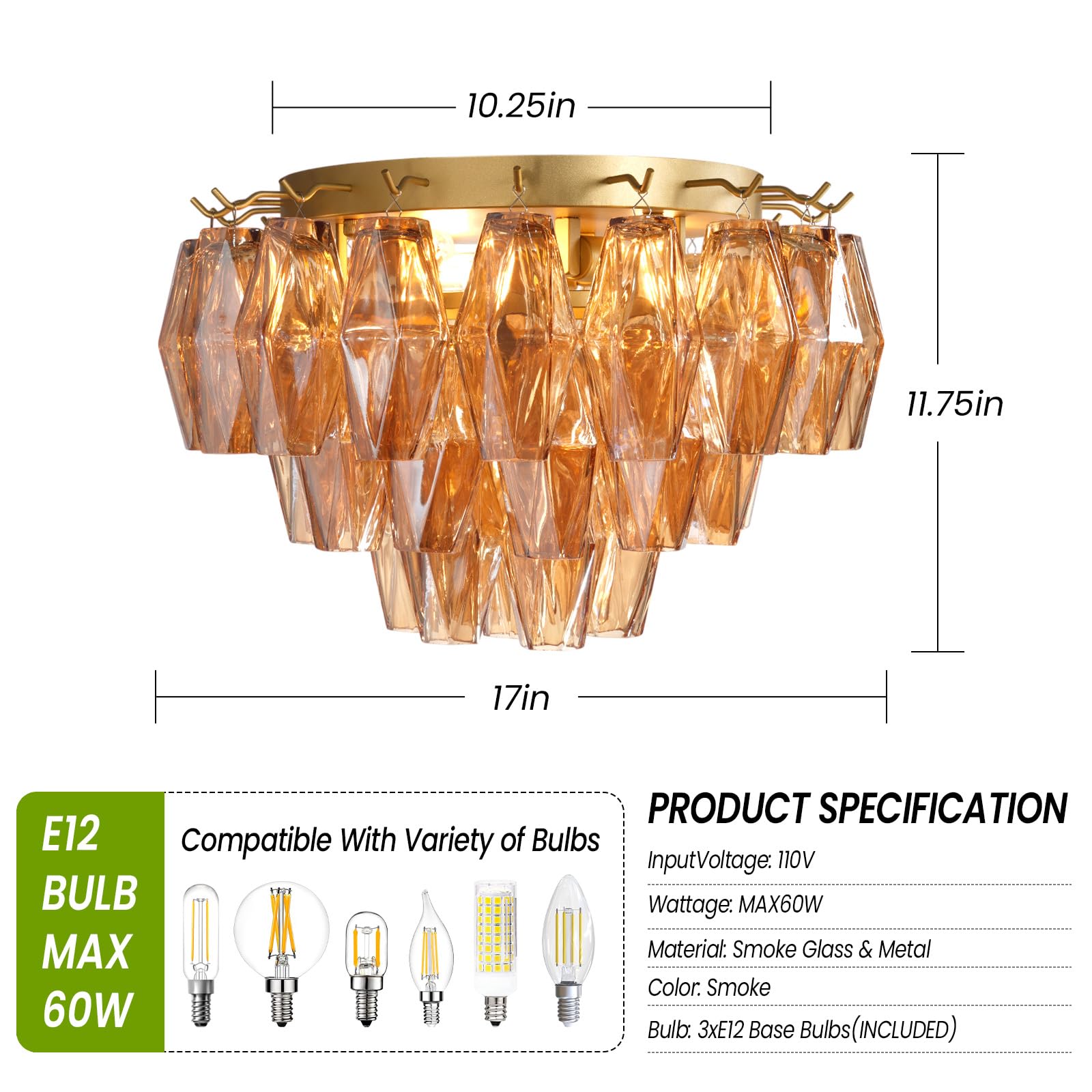 Amber Ceiling Light, 17" Modern Crystal Glass Chandelier for Bedroom, 3 - Light Round Flush Mount Ceiling Ligh for Living Room, Bathroom, Hallway, Entryway – Elegant Warm Lighting Fixture - Camilalamps - B0DQLDBCMH