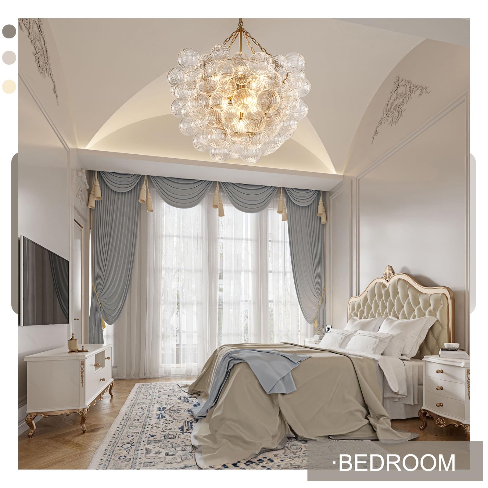 Gold Bubble Globe Chandelier, Modern Blown Glass Chandeliers with Ribbed Clear Balls, Small 24" Dia Antique Style Pendant Ceiling Light for Dining Room, Entry, Bedroom - Camilalamps - B0FDQ34ZW3