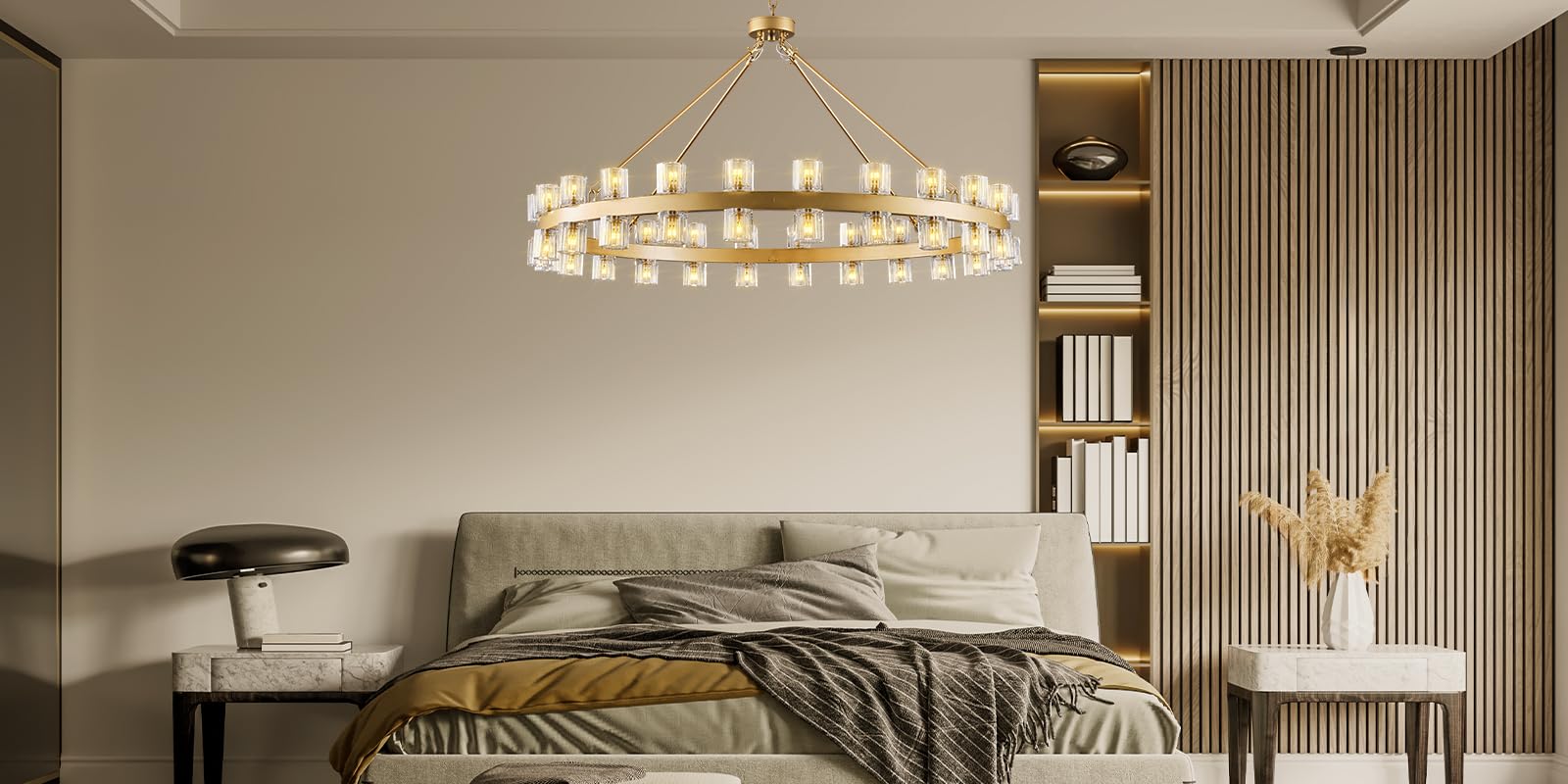 Modern 36" Gold Round Chandelier Light Fixture, K9 Crystal Chandeliers for Dining Room, Living Room, Dining Room Chandeliers Over Table, Chandelier for Bedroom, Foyer, Includes 36XG4 Bulbs - Camilalamps - B0CRGK6RHV