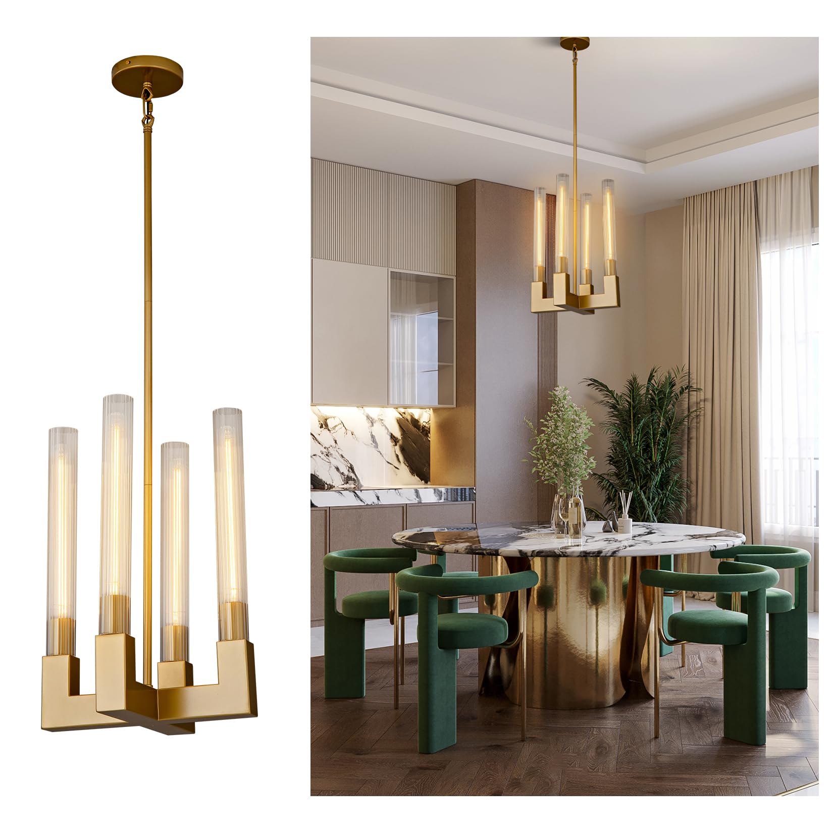 Modern Glass Tube Gold Pendant Lights – Adjustable 4 - Light Chandelier for Kitchen Island, Dining Room, Bedroom – Farmhouse & Contemporary Style with Included Bulbs - Camilalamps - B0F6YLDZVZ