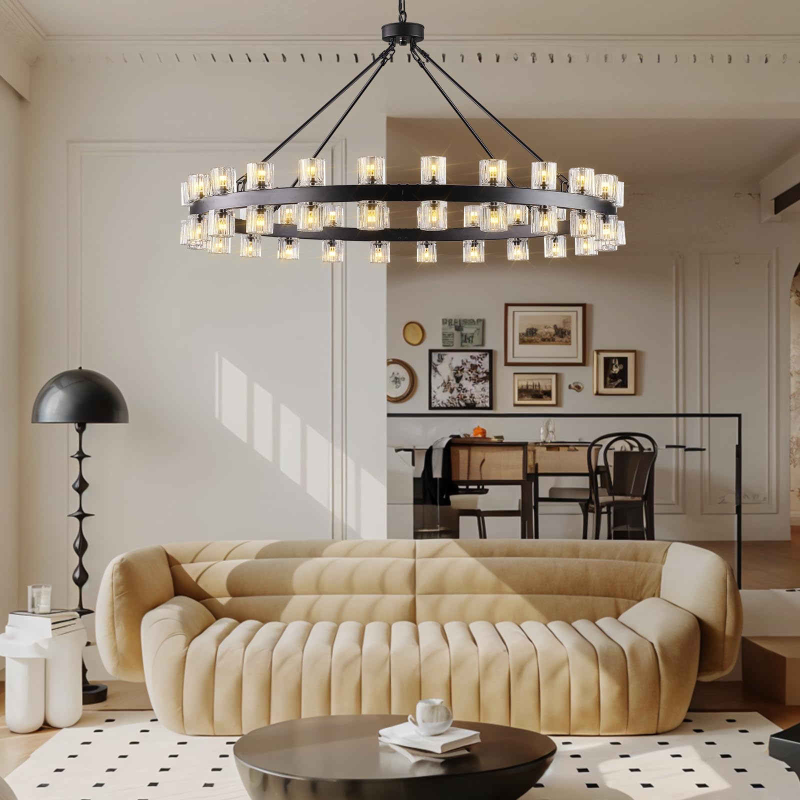 Modern 36" Gold Round Chandelier Light Fixture, K9 Crystal Chandeliers for Dining Room, Living Room, Dining Room Chandeliers Over Table, Chandelier for Bedroom, Foyer, Includes 36XG4 Bulbs - Camilalamps - B0CRGK6RHV