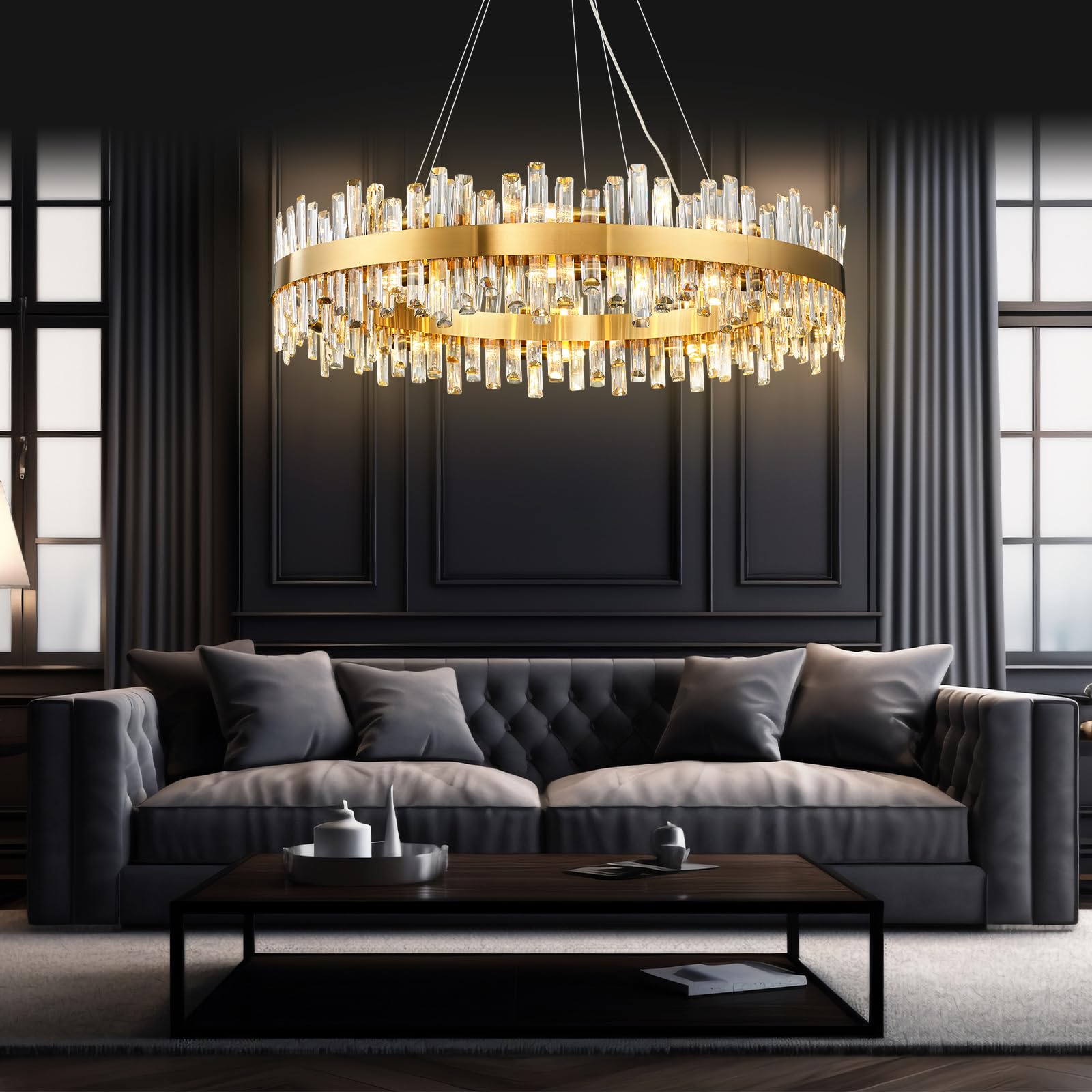 Chandelier for Dining Room, D39.4 Gold K9 Crystal Pendant Light, 20 - Light Round Over Table, Hanging Ceiling Light Fixture for Kitchen Island, Entryway, Foyer - Camilalamps - B0DMFF1692