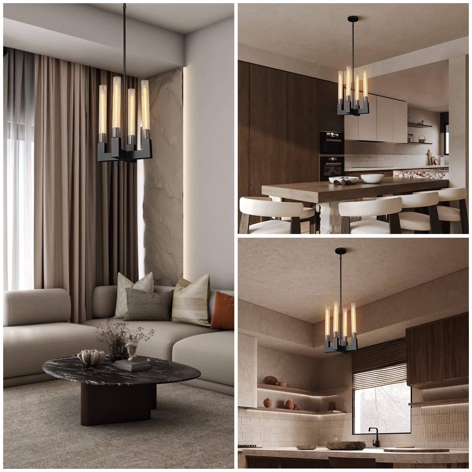 Modern Glass Tube Gold Pendant Lights – Adjustable 4 - Light Chandelier for Kitchen Island, Dining Room, Bedroom – Farmhouse & Contemporary Style with Included Bulbs - Camilalamps - B0F6YLDZVZ