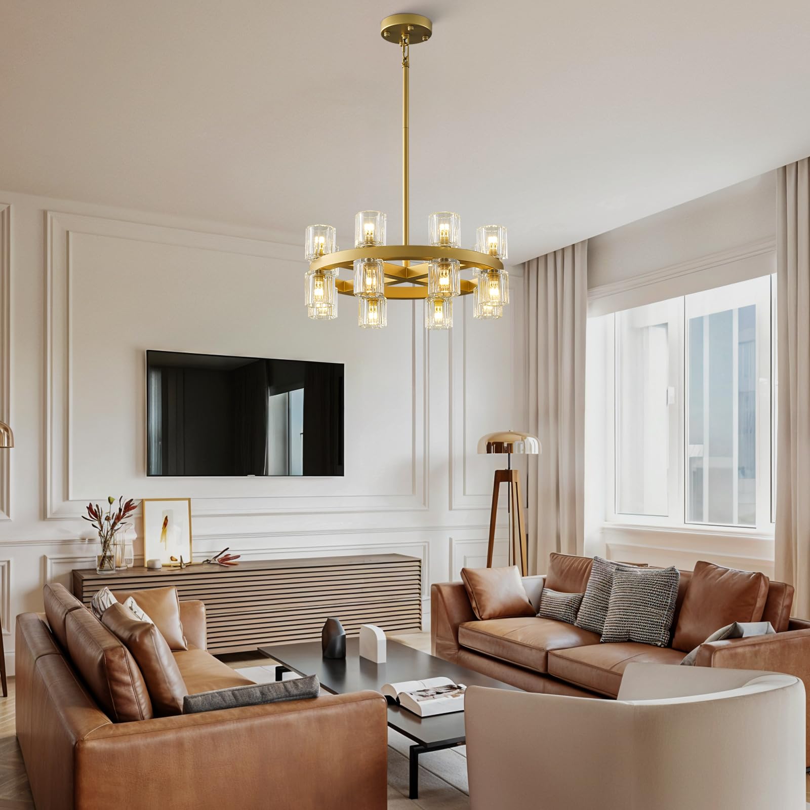 Modern 36" Gold Round Chandelier Light Fixture, K9 Crystal Chandeliers for Dining Room, Living Room, Dining Room Chandeliers Over Table, Chandelier for Bedroom, Foyer, Includes 36XG4 Bulbs - Camilalamps - B0CRGK6RHV