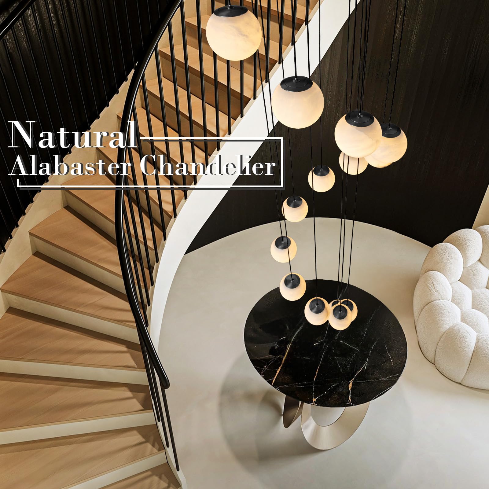 Black Alabaster Chandelier,14 - Lights Staircase Chandelier for Entryway, Modern Marble Hanging Light Fixture, Hight Ceiling, Foyer, Living Room, Staircase, Entry - Camilalamps - B0DSZZ11GM