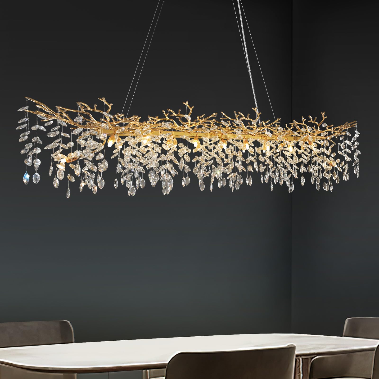 Crystal Chandeliers for Dining Room, 63" Modern Gold Tree Branch Chandelier, 15 - Lights Luxury Rectangular Raindrop Chandelier Light Fixture for Kitchen Island, Living Room, Foyer, High Ceiling - Camilalamps - B0BXNB4WRN