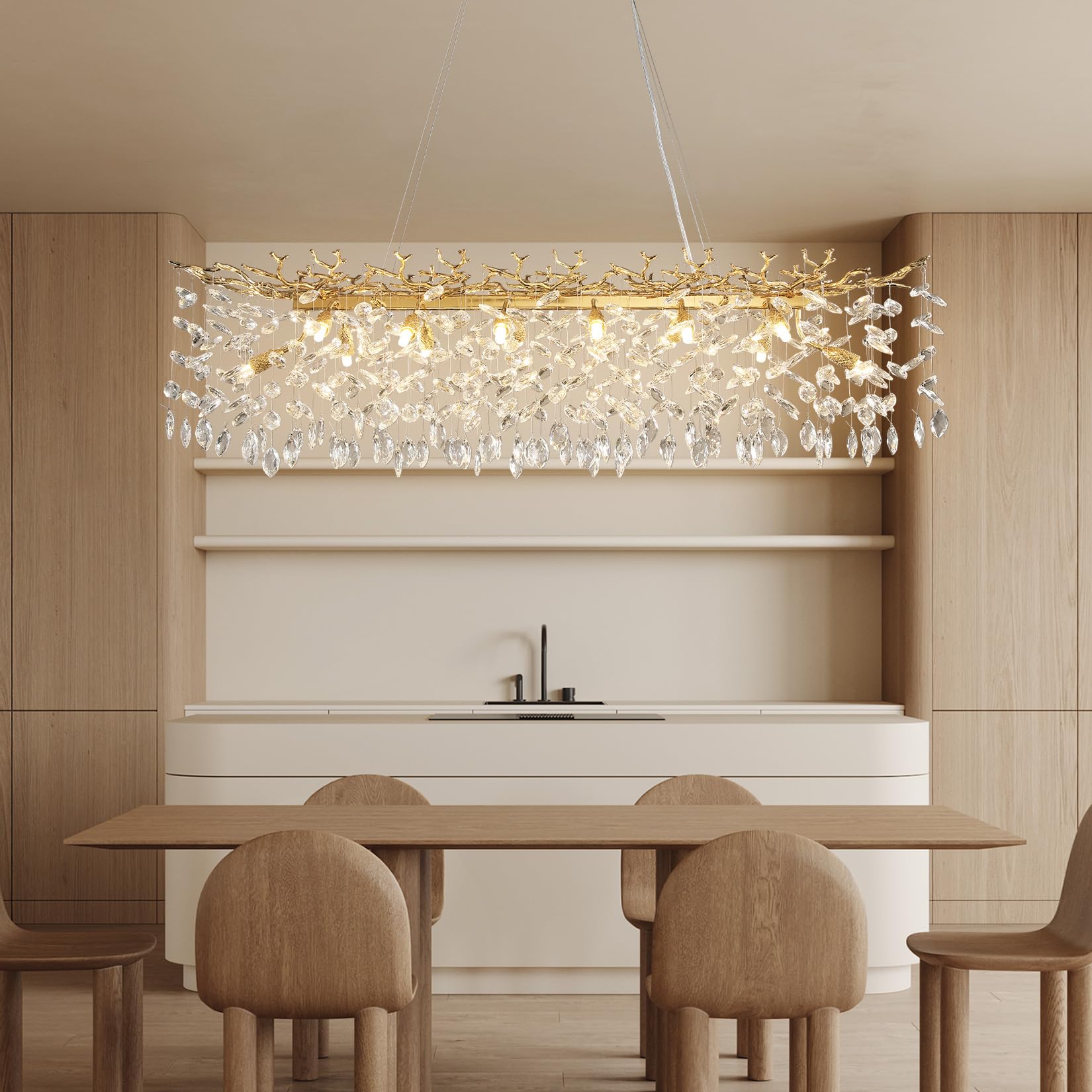 60" Modern Gold Crystal Tree Branch Chandelier, 16 - Light Rectangular Chandeliers for Dining Room, Kitchen Island, Living Room, Luxury K9 Crystal Raindrop Light Fixture - Camilalamps - B0C819J4Q8