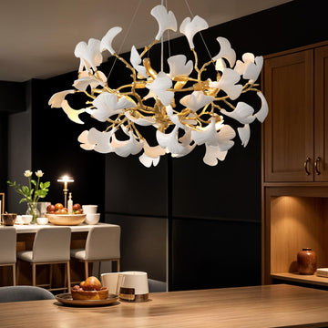 Gold Tree Branches Chandeliers for Dining Room, Sputnik Chandelier, 23.6''Modern Rounde Ceramic Ginkgo Leaf Chandelier, Dining Room Chandelier Over Table, for Living, Foyer, Kitchen, Bathroom, Bedroom
