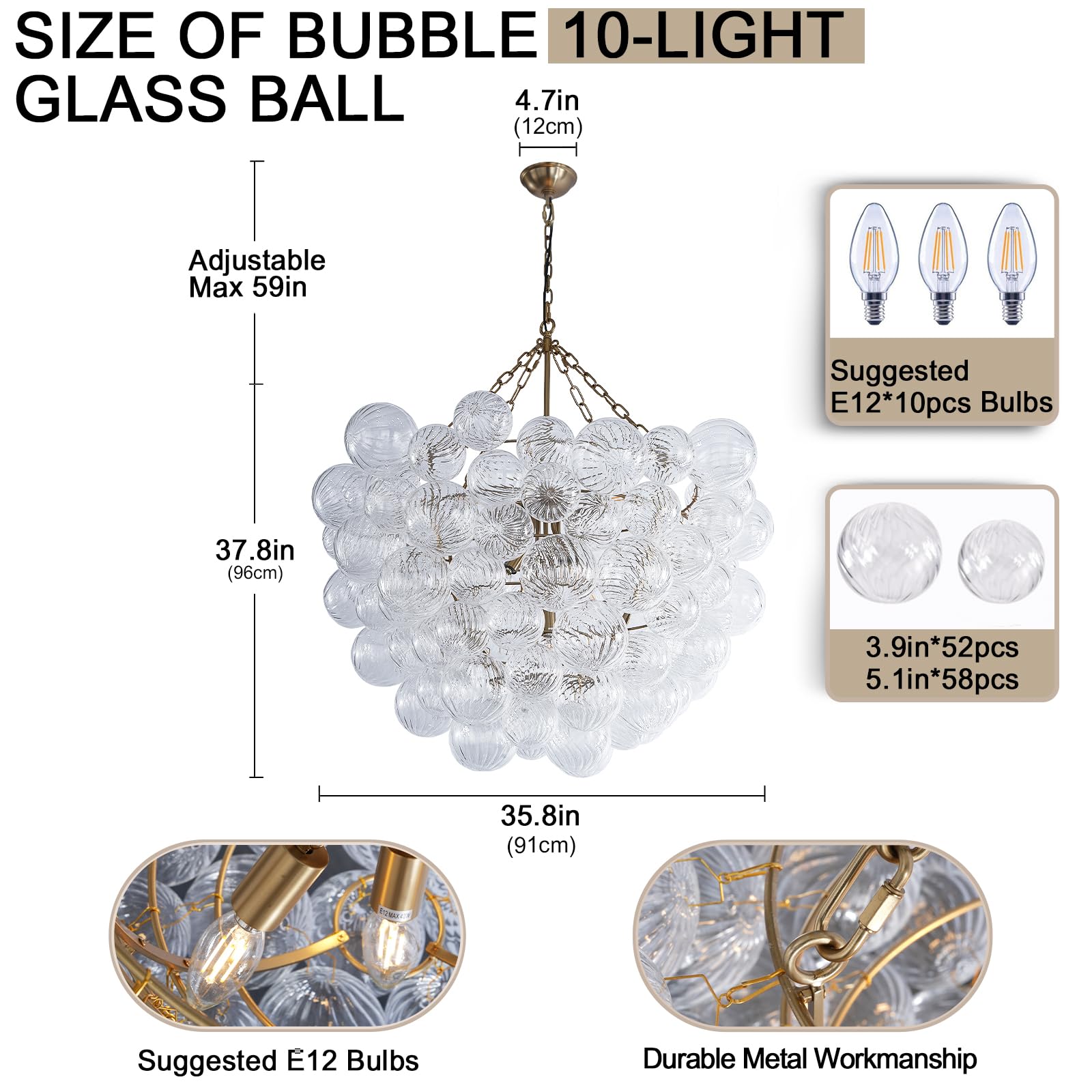 Gold Bubble Globe Chandelier, Modern Blown Glass Chandeliers with Ribbed Clear Balls, Small 24" Dia Antique Style Pendant Ceiling Light for Dining Room, Entry, Bedroom - Camilalamps - B0FDQ34ZW3