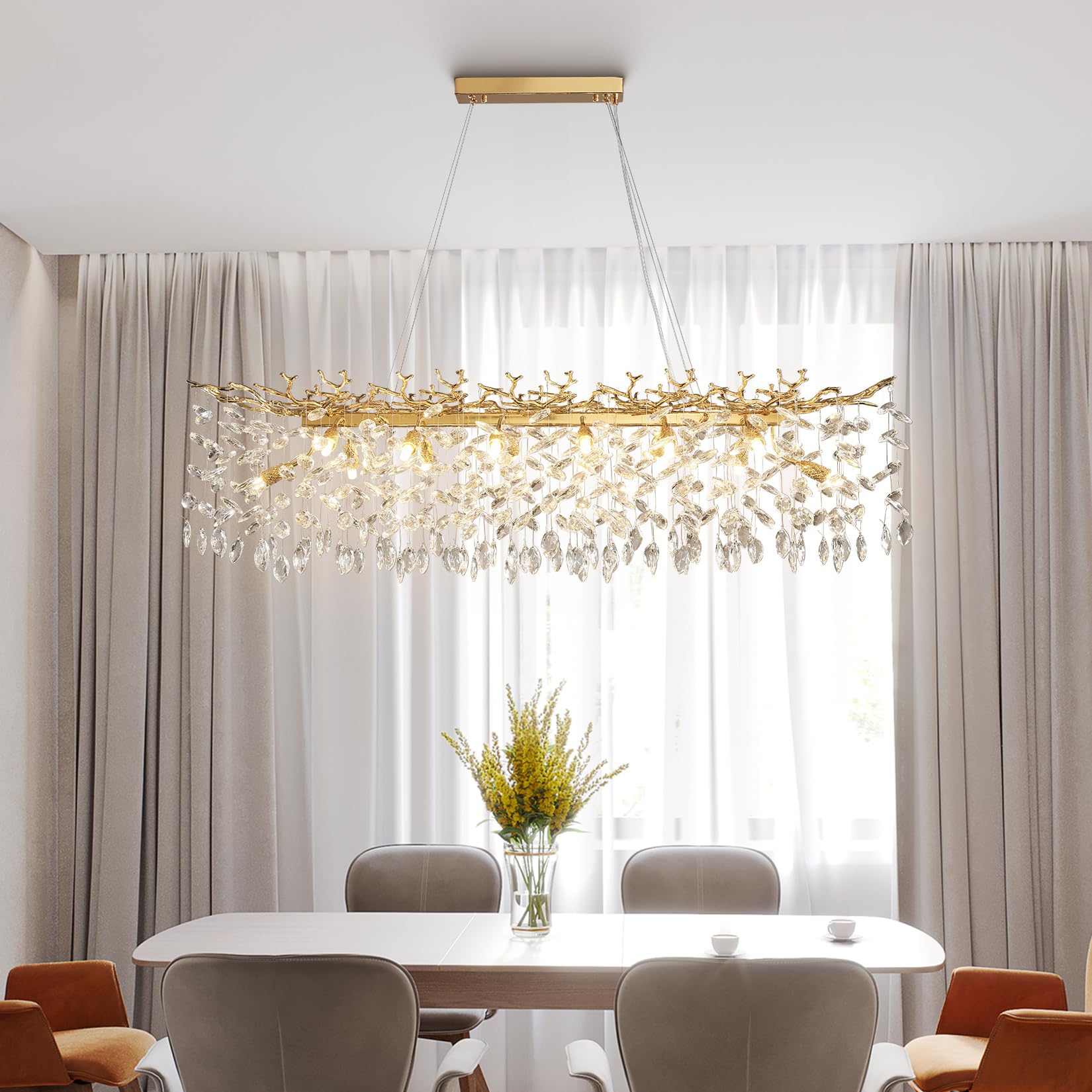 Crystal Chandeliers for Dining Room, 63" Modern Gold Tree Branch Chandelier, 15 - Lights Luxury Rectangular Raindrop Chandelier Light Fixture for Kitchen Island, Living Room, Foyer, High Ceiling - Camilalamps - B0BXNB4WRN