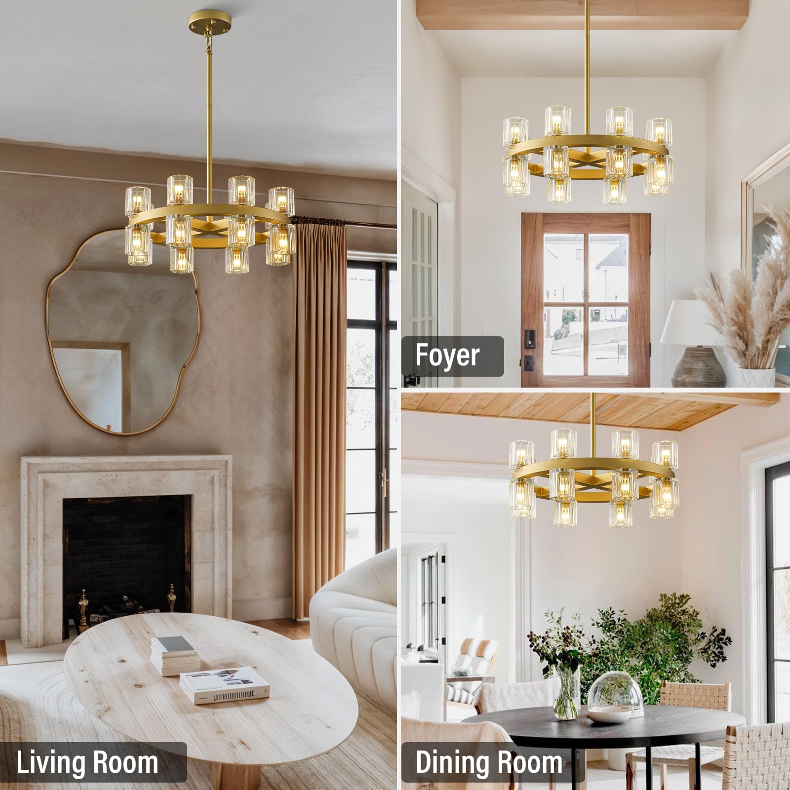 Modern 36" Gold Round Chandelier Light Fixture, K9 Crystal Chandeliers for Dining Room, Living Room, Dining Room Chandeliers Over Table, Chandelier for Bedroom, Foyer, Includes 36XG4 Bulbs - Camilalamps - B0CRGK6RHV