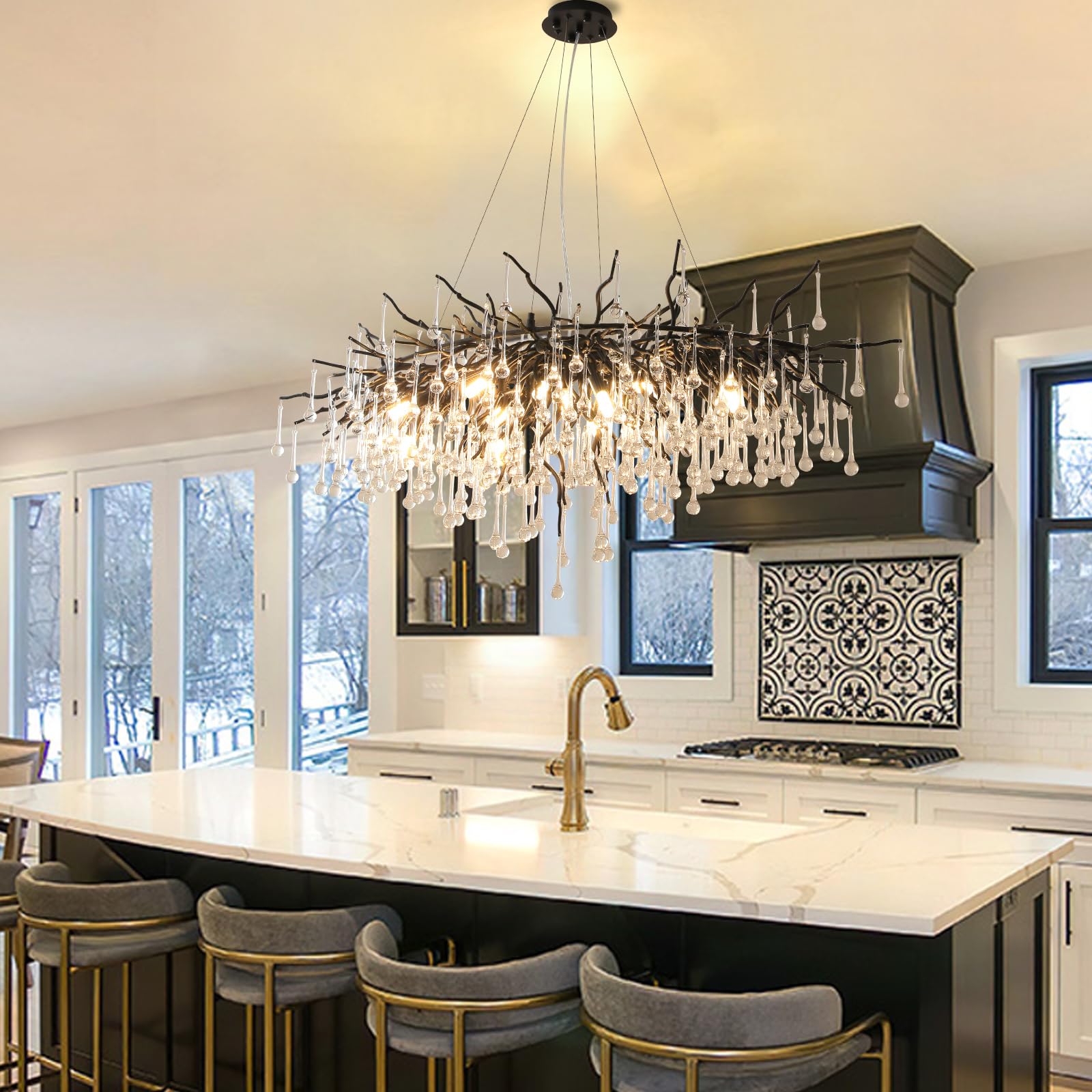 Crystal Chandeliers for Dining Room, 63" Modern Gold Tree Branch Chandelier, 15 - Lights Luxury Rectangular Raindrop Chandelier Light Fixture for Kitchen Island, Living Room, Foyer, High Ceiling - Camilalamps - B0BXNB4WRN