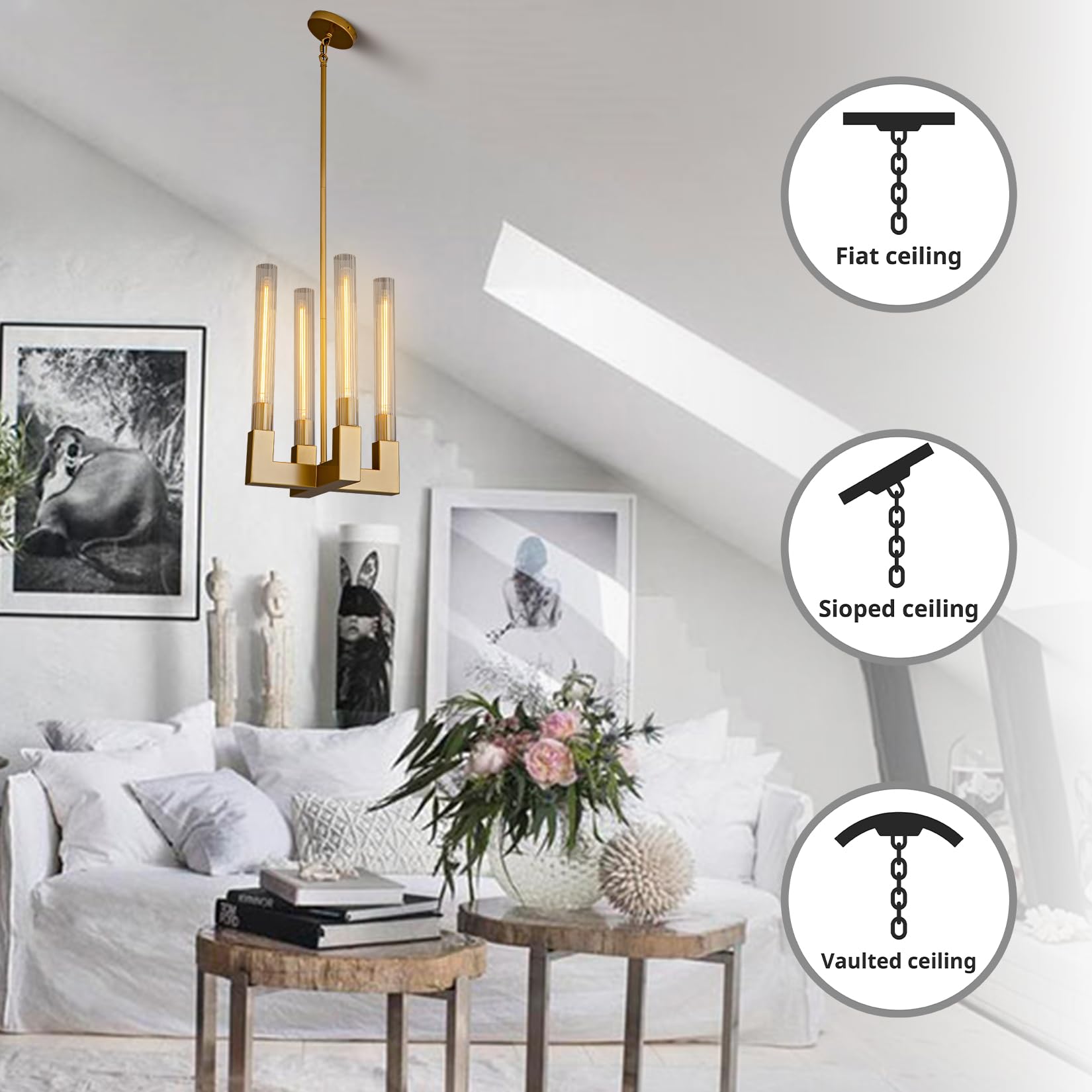 Modern Glass Tube Gold Pendant Lights – Adjustable 4 - Light Chandelier for Kitchen Island, Dining Room, Bedroom – Farmhouse & Contemporary Style with Included Bulbs - Camilalamps - B0F6YLDZVZ