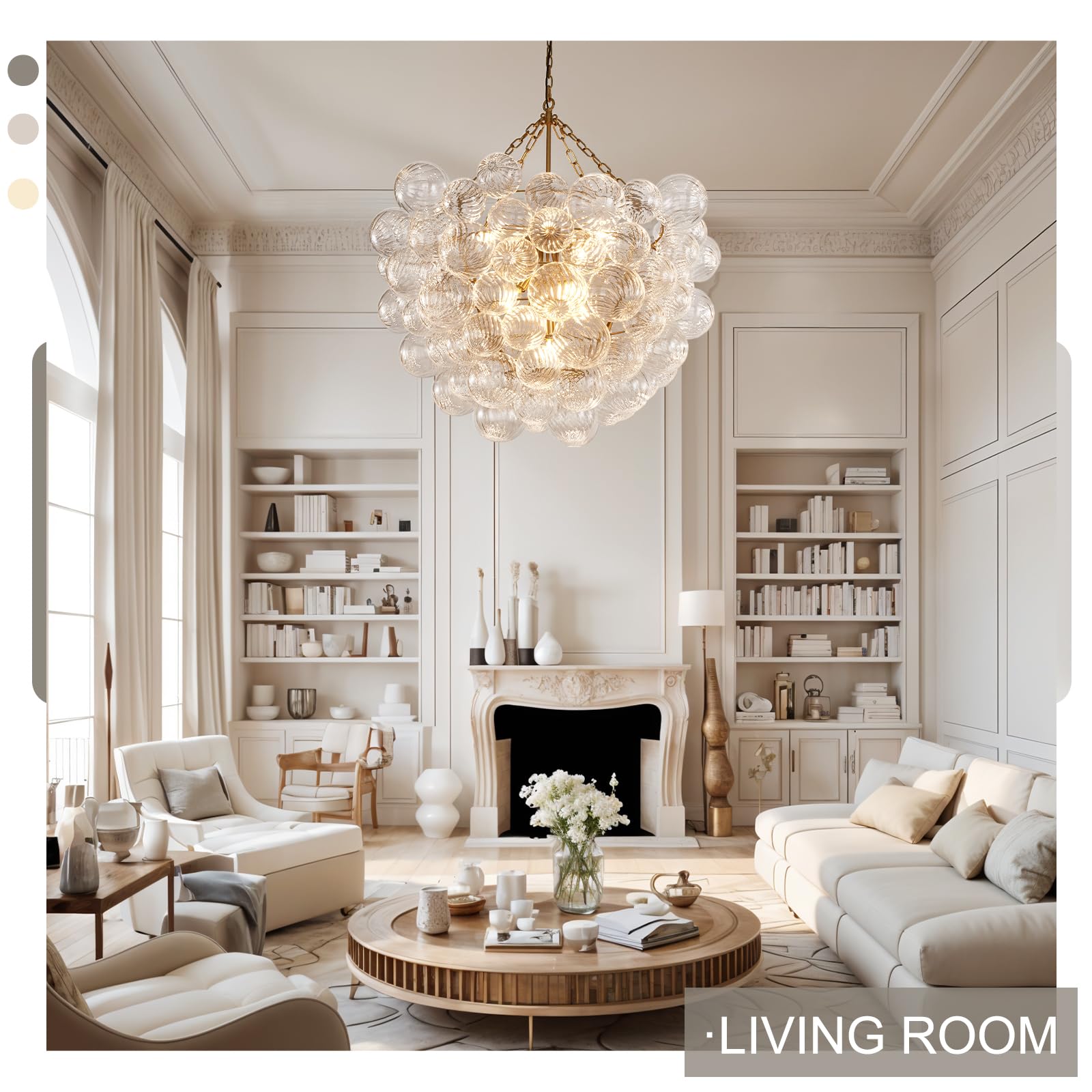 Gold Bubble Globe Chandelier, Modern Blown Glass Chandeliers with Ribbed Clear Balls, Small 24" Dia Antique Style Pendant Ceiling Light for Dining Room, Entry, Bedroom - Camilalamps - B0FDQ34ZW3