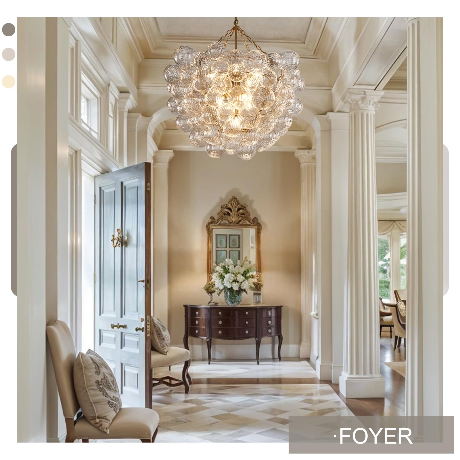 Gold Bubble Globe Chandelier, Modern Blown Glass Chandeliers with Ribbed Clear Balls, Small 24" Dia Antique Style Pendant Ceiling Light for Dining Room, Entry, Bedroom - Camilalamps - B0FDQ34ZW3