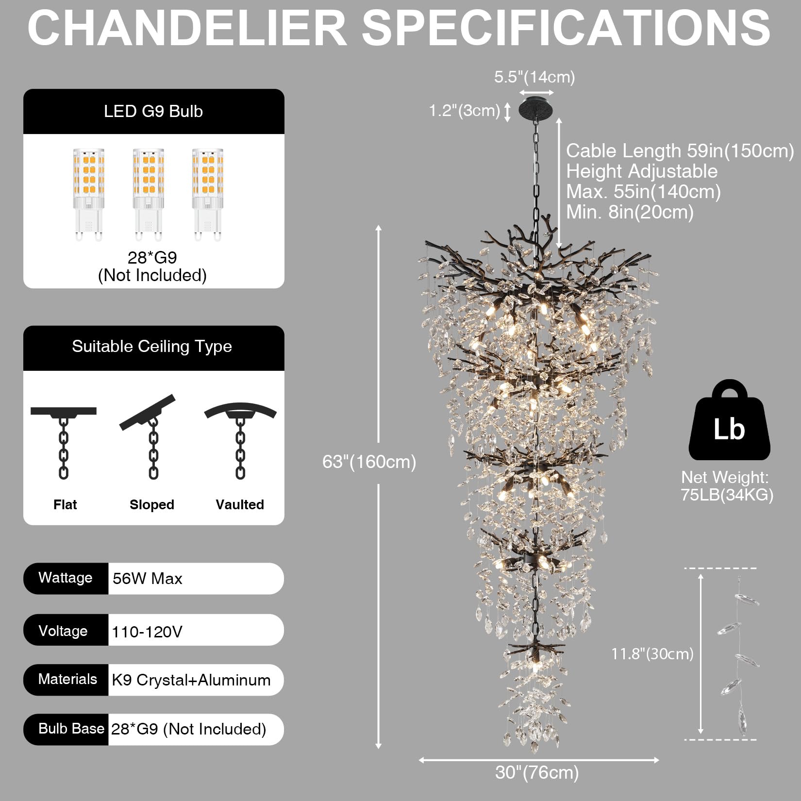 Crystal Chandeliers for Dining Room, 63" Modern Gold Tree Branch Chandelier, 15 - Lights Luxury Rectangular Raindrop Chandelier Light Fixture for Kitchen Island, Living Room, Foyer, High Ceiling - Camilalamps - B0BXNB4WRN