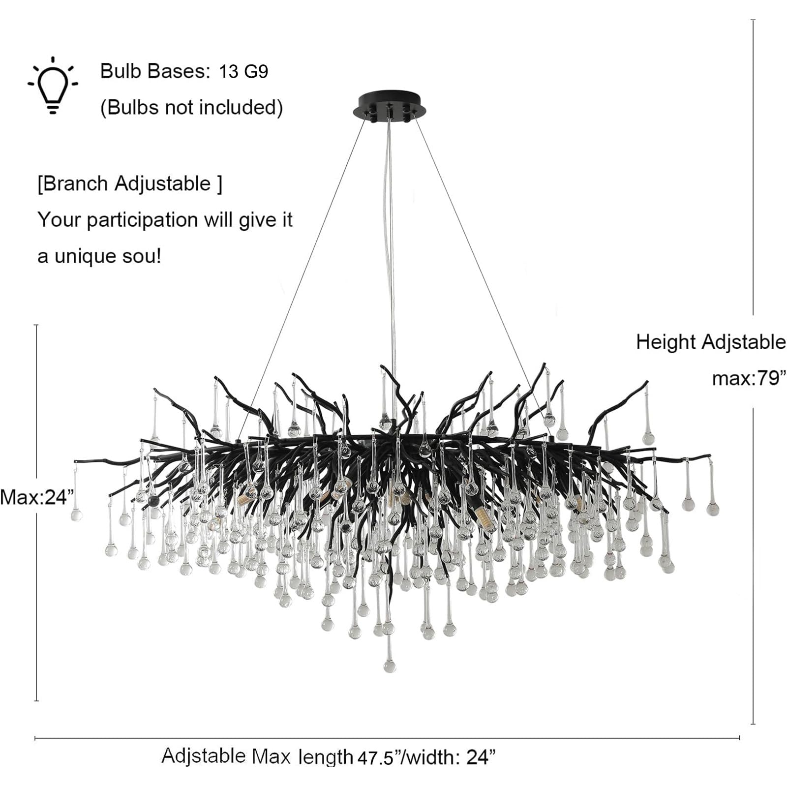 Crystal Chandeliers for Dining Room, 63" Modern Gold Tree Branch Chandelier, 15 - Lights Luxury Rectangular Raindrop Chandelier Light Fixture for Kitchen Island, Living Room, Foyer, High Ceiling - Camilalamps - B0BXNB4WRN