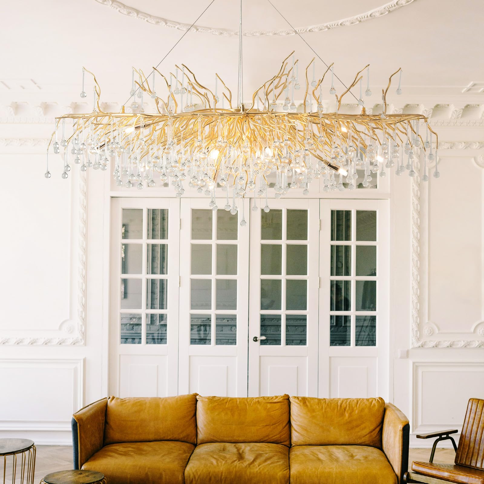 Crystal Chandeliers for Dining Room, 63" Modern Gold Tree Branch Chandelier, 15 - Lights Luxury Rectangular Raindrop Chandelier Light Fixture for Kitchen Island, Living Room, Foyer, High Ceiling - Camilalamps - B0BXNB4WRN