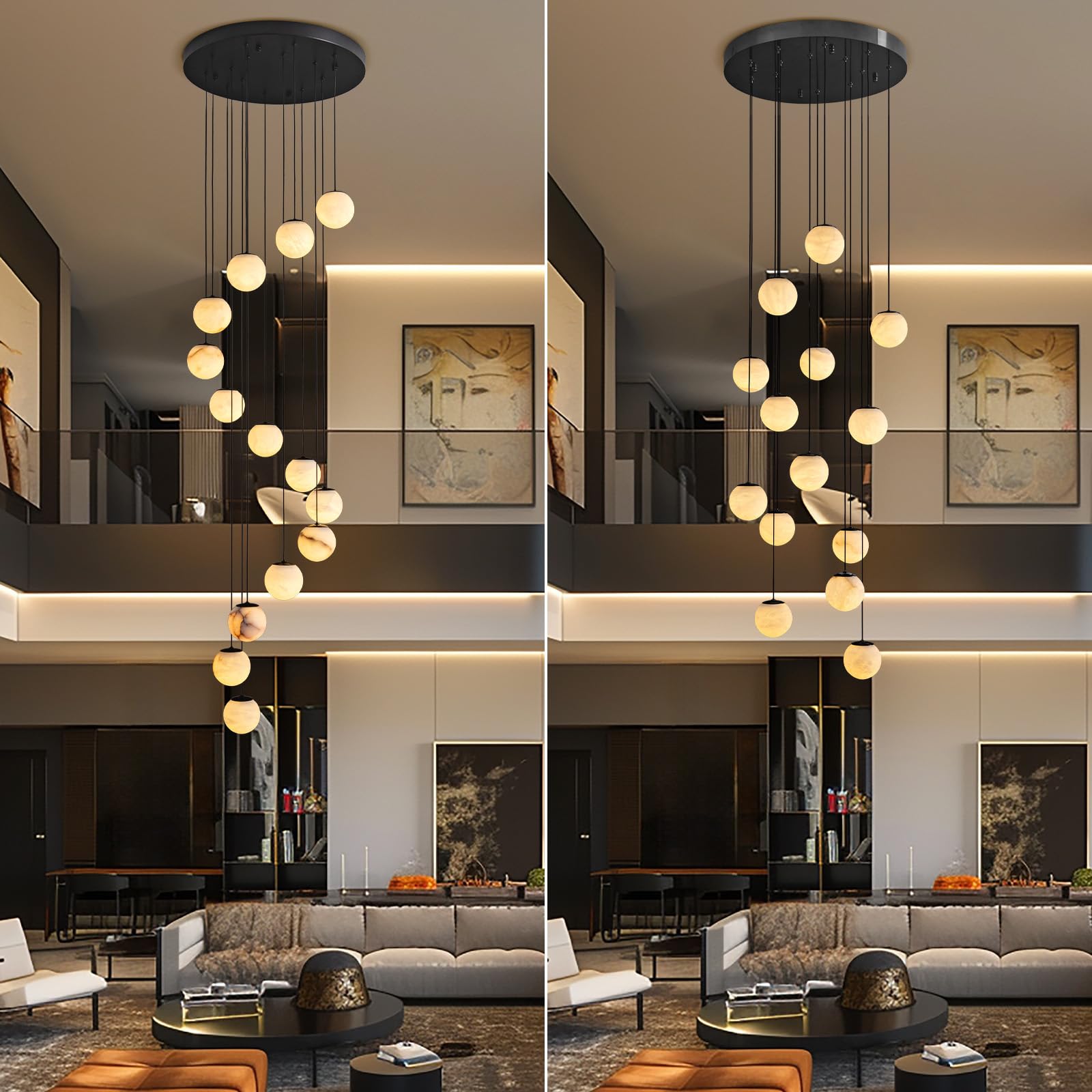 Black Alabaster Chandelier,14 - Lights Staircase Chandelier for Entryway, Modern Marble Hanging Light Fixture, Hight Ceiling, Foyer, Living Room, Staircase, Entry - Camilalamps - B0DSZZ11GM