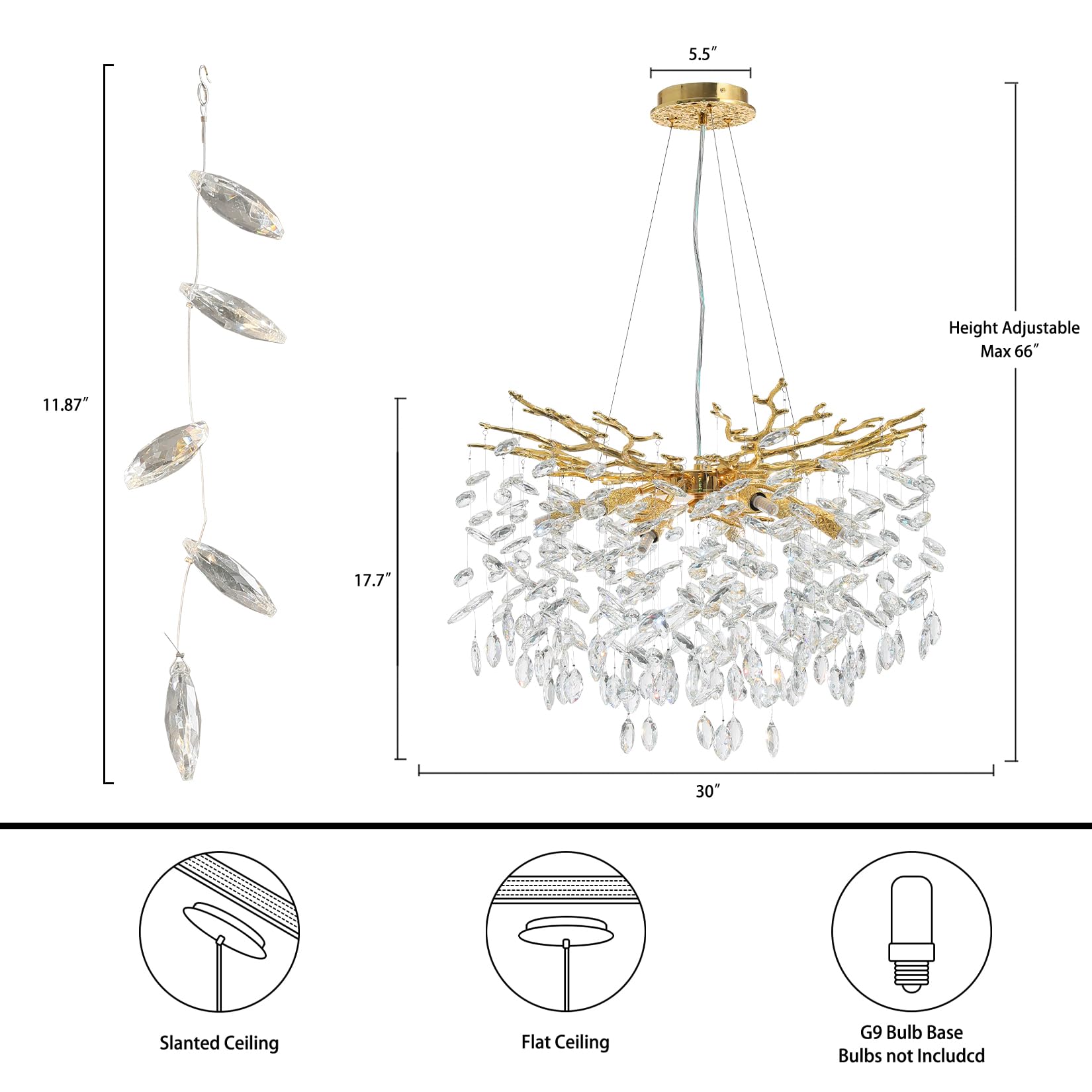 Crystal Chandeliers for Dining Room, 63" Modern Gold Tree Branch Chandelier, 15 - Lights Luxury Rectangular Raindrop Chandelier Light Fixture for Kitchen Island, Living Room, Foyer, High Ceiling - Camilalamps - B0BXNB4WRN