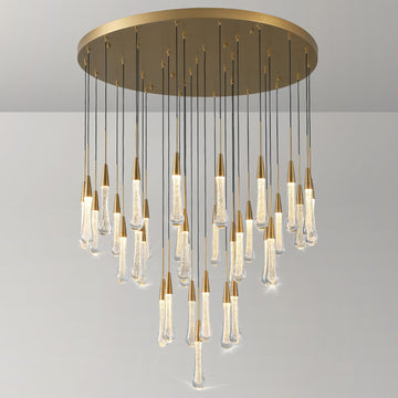 25-Lights Rectangle Gold Raindrop Chandelier with Glass, Luxury Farmhouse Large Linear Chandeliers for Dining Room Over Table, Brass Pendant Ceiling Light Fixture for Kitchen Island