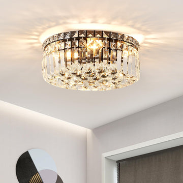 Modern Crystal Chandelier, 14 inch Flush Mount Ceiling Light Fixture, 4-Lights Mini Chandeliers with Crystal Balls for Porch Kitchen Bedroom Living Room Entryway