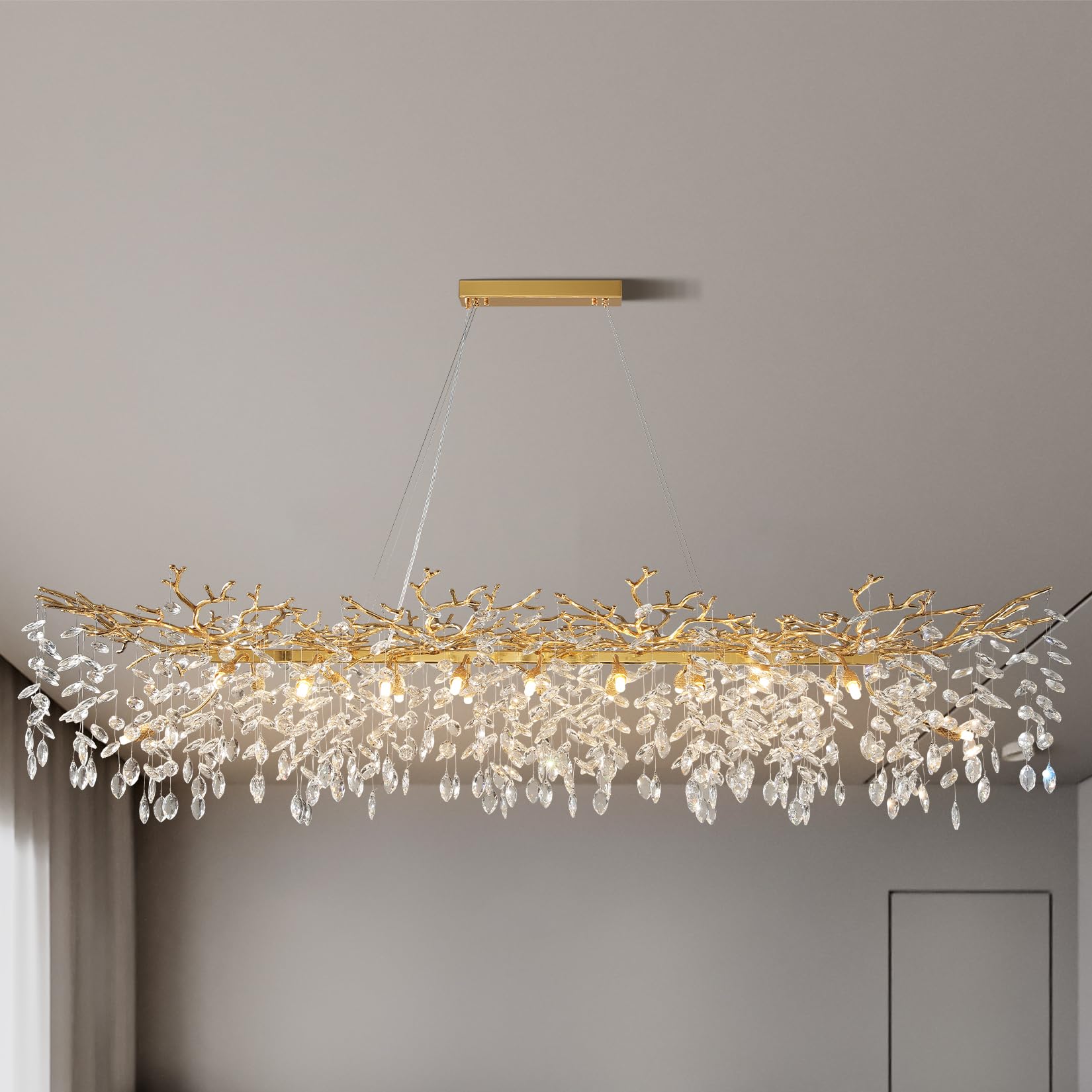 60" Modern Gold Crystal Tree Branch Chandelier, 16 - Light Rectangular Chandeliers for Dining Room, Kitchen Island, Living Room, Luxury K9 Crystal Raindrop Light Fixture - Camilalamps - B0FC6PCBZ1