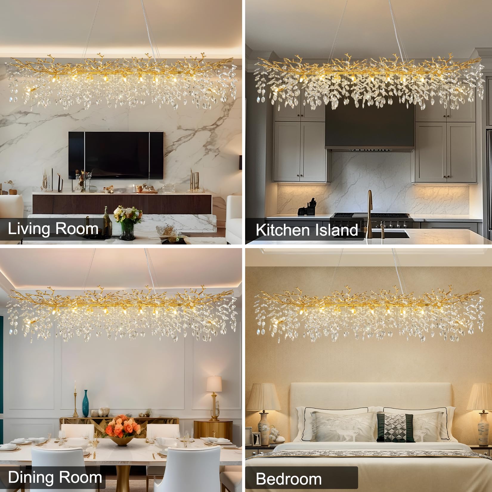 Crystal Chandeliers for Dining Room, 63" Modern Gold Tree Branch Chandelier, 15 - Lights Luxury Rectangular Raindrop Chandelier Light Fixture for Kitchen Island, Living Room, Foyer, High Ceiling - Camilalamps - B0BXNB4WRN