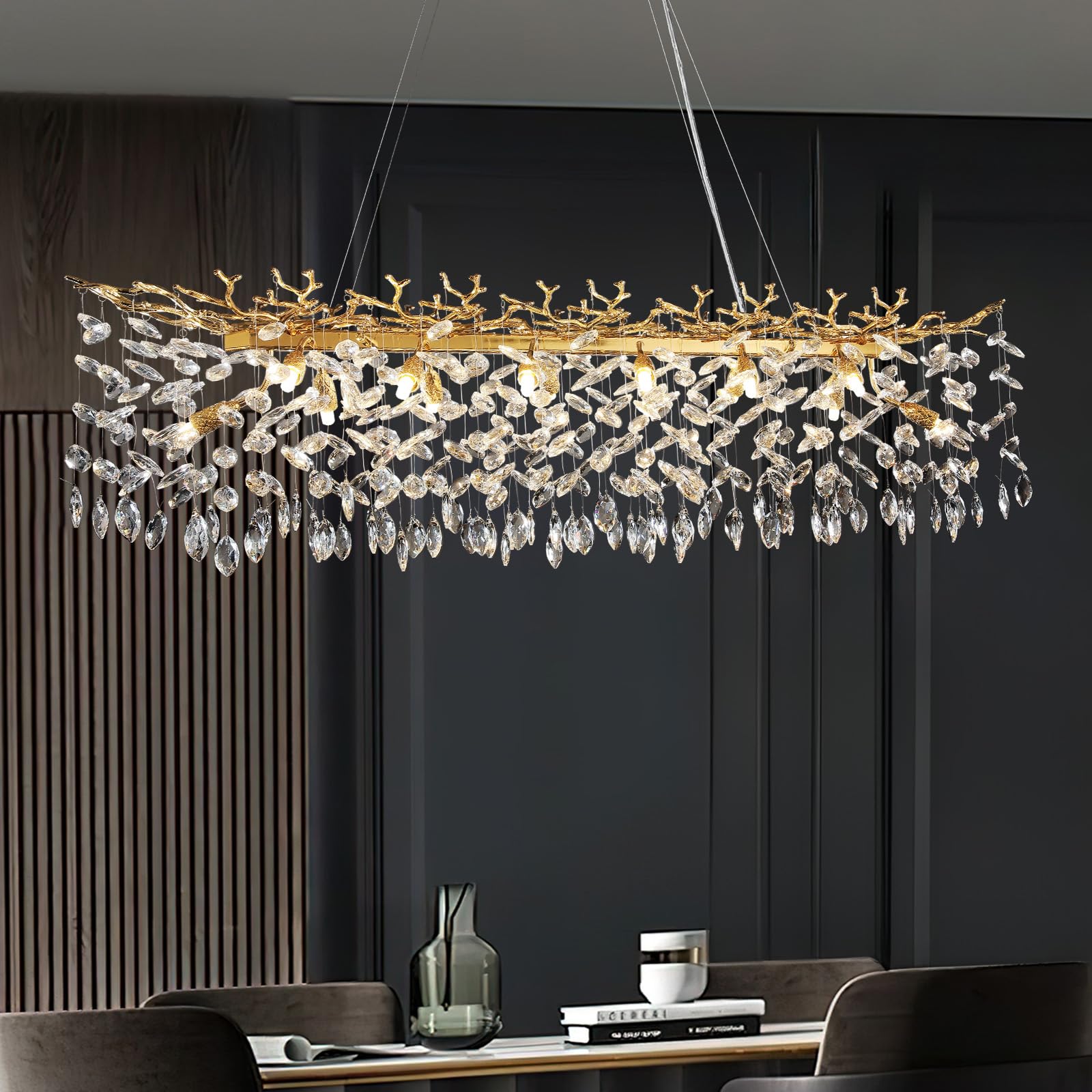 Crystal Chandeliers for Dining Room, 63" Modern Gold Tree Branch Chandelier, 15 - Lights Luxury Rectangular Raindrop Chandelier Light Fixture for Kitchen Island, Living Room, Foyer, High Ceiling - Camilalamps - B0BXNB4WRN
