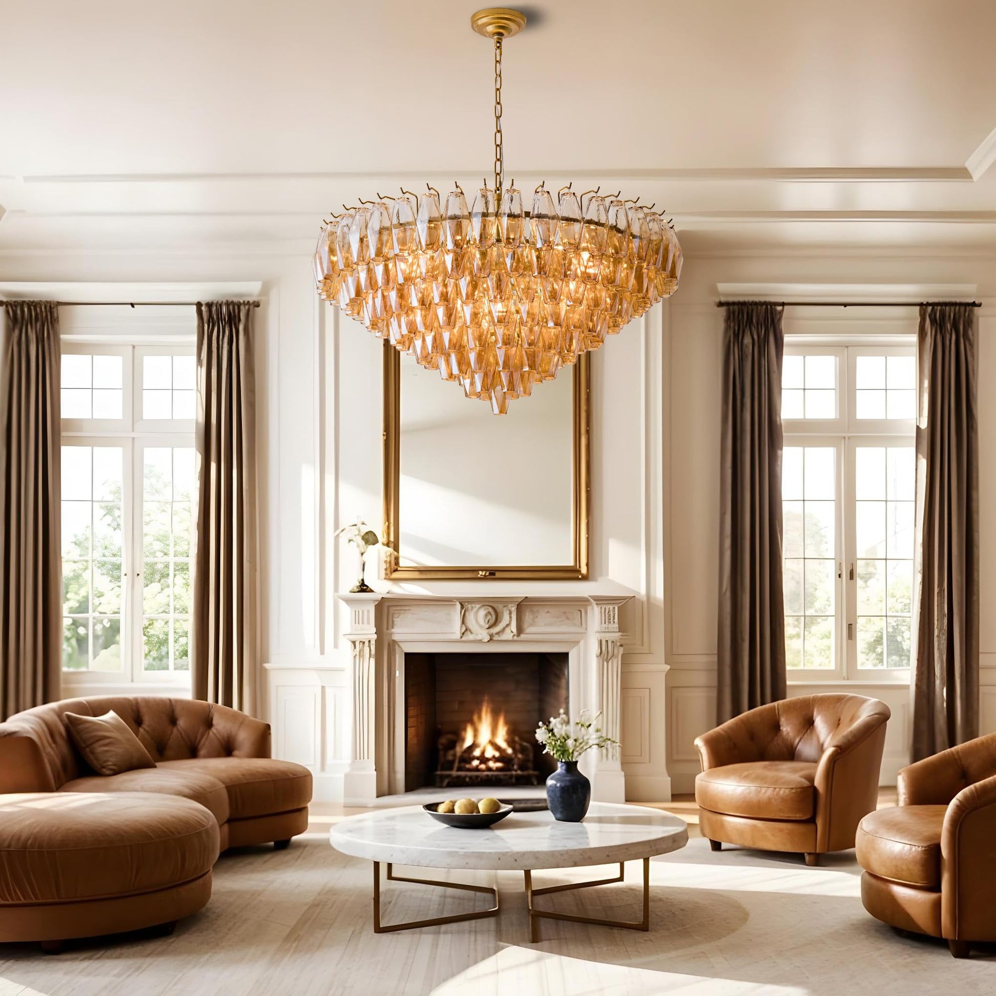 Amber Ceiling Light, 17" Modern Crystal Glass Chandelier for Bedroom, 3 - Light Round Flush Mount Ceiling Ligh for Living Room, Bathroom, Hallway, Entryway – Elegant Warm Lighting Fixture - Camilalamps - B0DQLDBCMH
