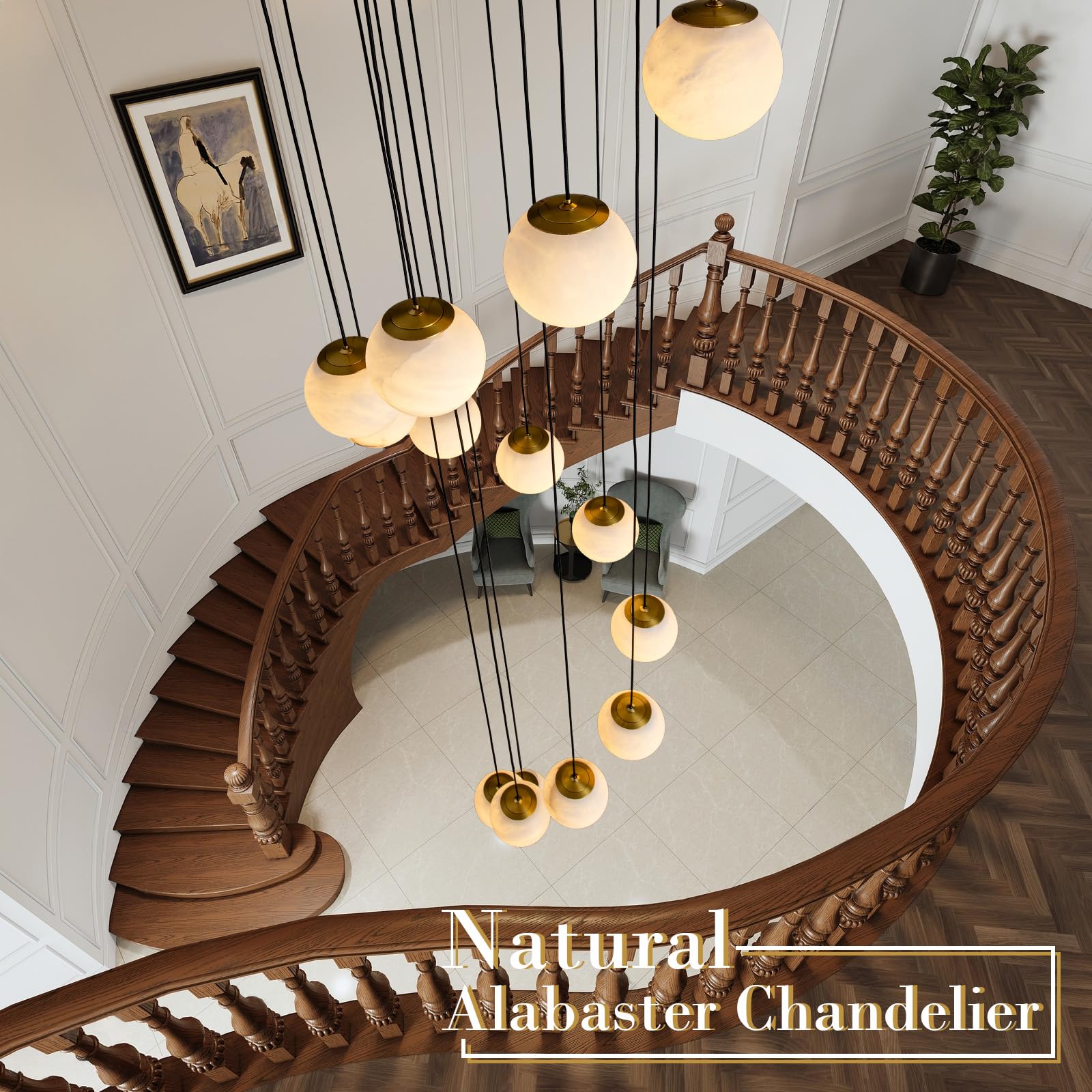Black Alabaster Chandelier,14 - Lights Staircase Chandelier for Entryway, Modern Marble Hanging Light Fixture, Hight Ceiling, Foyer, Living Room, Staircase, Entry - Camilalamps - B0DSZZ11GM