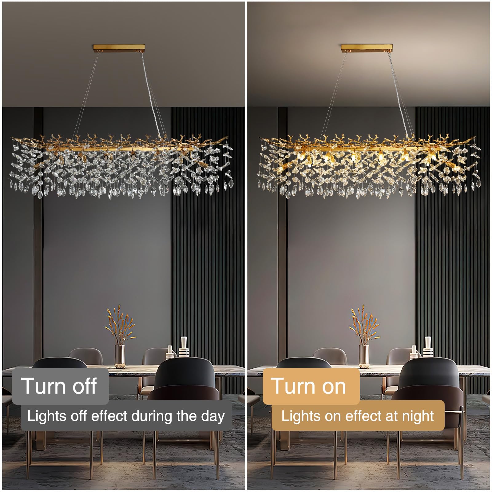 Crystal Chandeliers for Dining Room, 63" Modern Gold Tree Branch Chandelier, 15 - Lights Luxury Rectangular Raindrop Chandelier Light Fixture for Kitchen Island, Living Room, Foyer, High Ceiling - Camilalamps - B0BXNB4WRN