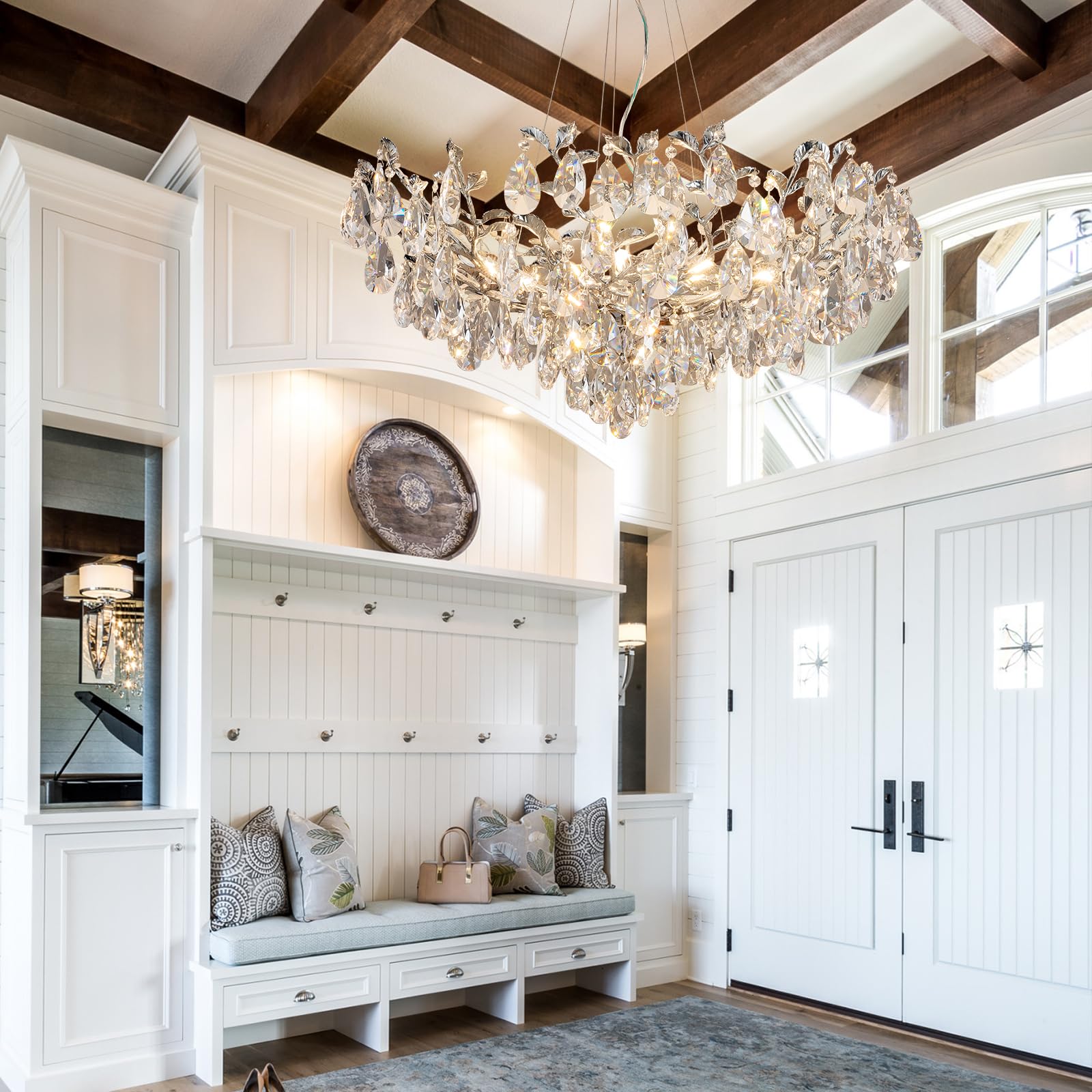 Modern Crystal Chandelier,Silver Ceiling Pendant Flower Hanging Lighting, 31.5" Tree Branch - Leaf Upward Chandelier Light Fixture Perfect for Dining Room, Living Room, Bedroom, Entryway - Camilalamps - B0CRKSZYYL