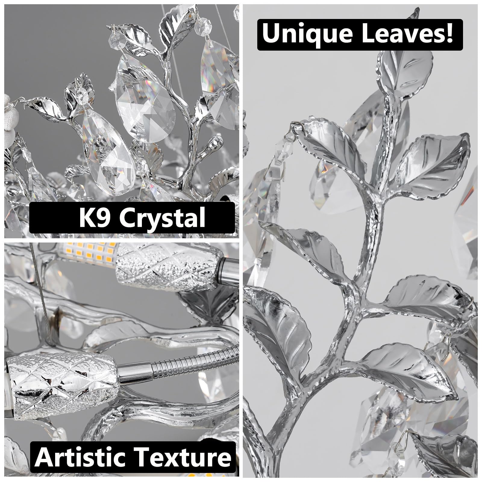 Modern Crystal Chandelier,Silver Ceiling Pendant Flower Hanging Lighting, 31.5" Tree Branch - Leaf Upward Chandelier Light Fixture Perfect for Dining Room, Living Room, Bedroom, Entryway - Camilalamps - B0CRKSZYYL