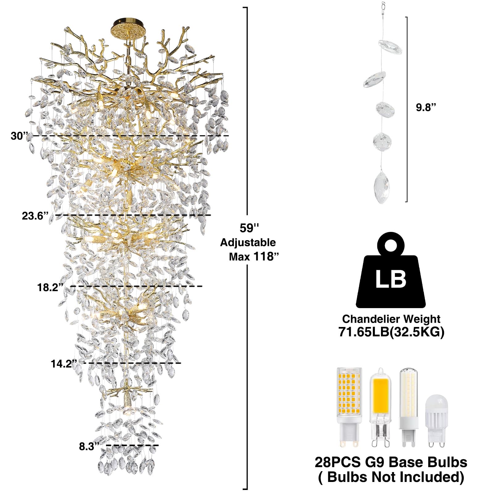 Crystal Chandeliers for Dining Room, 63" Modern Gold Tree Branch Chandelier, 15 - Lights Luxury Rectangular Raindrop Chandelier Light Fixture for Kitchen Island, Living Room, Foyer, High Ceiling - Camilalamps - B0BXNB4WRN