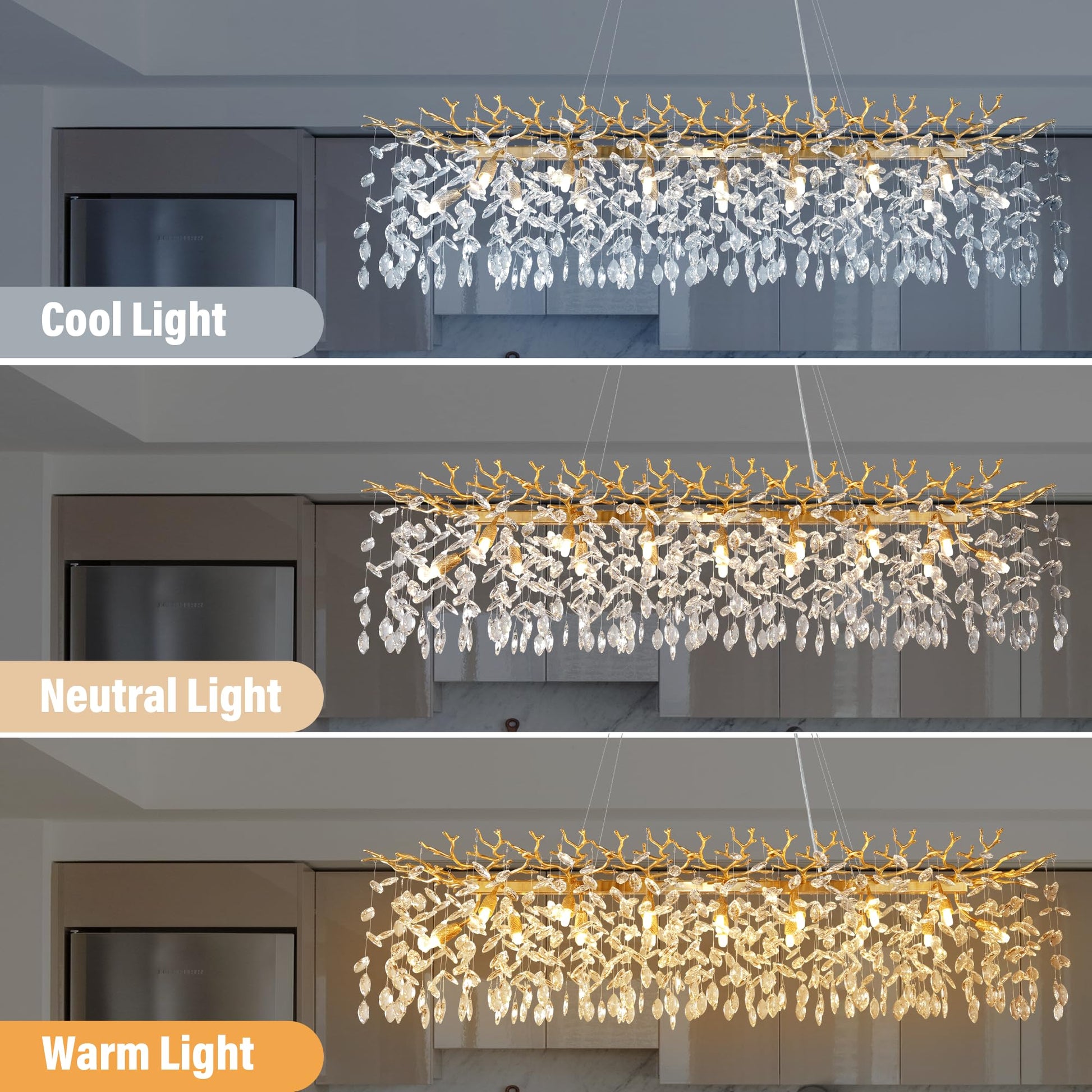 Crystal Chandeliers for Dining Room, 63" Modern Gold Tree Branch Chandelier, 15 - Lights Luxury Rectangular Raindrop Chandelier Light Fixture for Kitchen Island, Living Room, Foyer, High Ceiling - Camilalamps - B0BXNB4WRN
