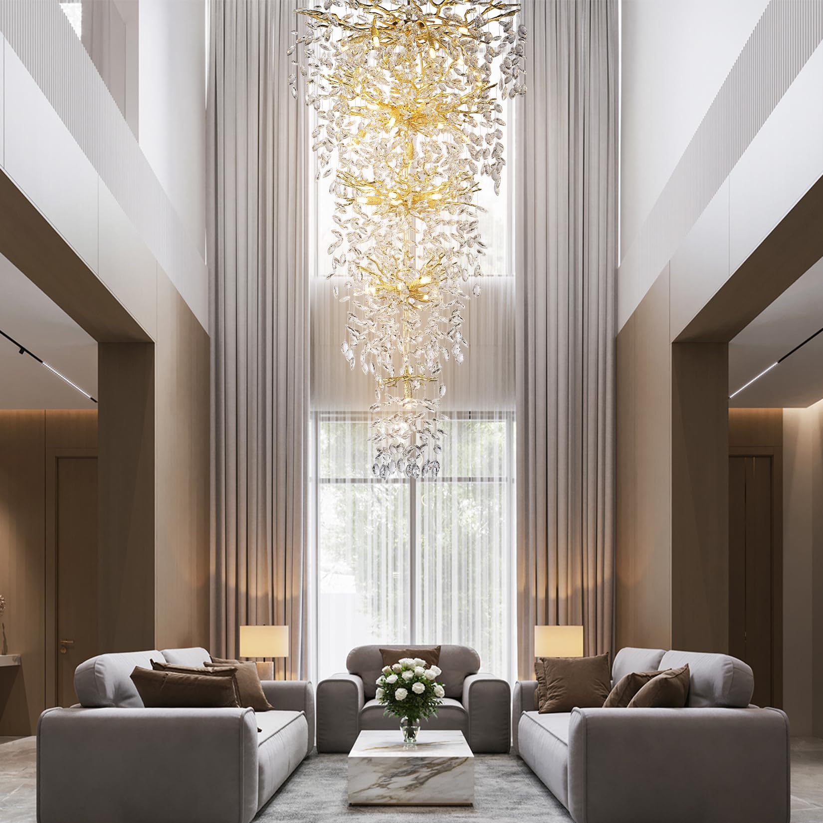 Crystal Chandeliers for Dining Room, 63" Modern Gold Tree Branch Chandelier, 15 - Lights Luxury Rectangular Raindrop Chandelier Light Fixture for Kitchen Island, Living Room, Foyer, High Ceiling - Camilalamps - B0BXNB4WRN